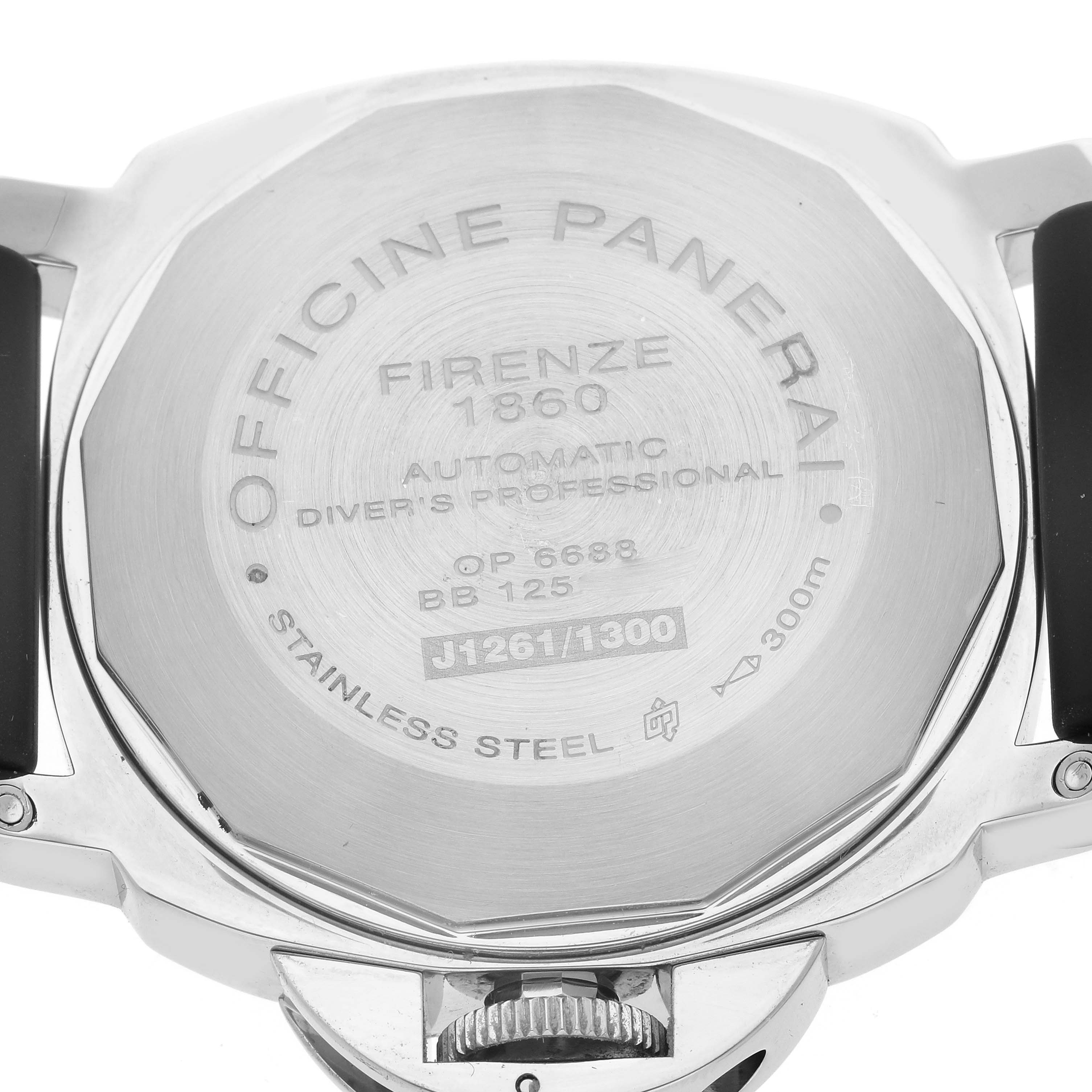 The image shows the back case and crown of a Panerai Submersible PAM00024 Men's Stainless Steel Black Dial PAM00024 Men's Stainless Steel Black Dial watch, highlighting engraved details.
