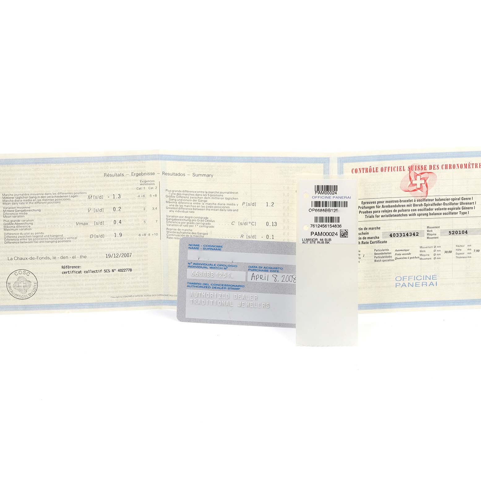 The image shows documentation and certification papers for the Panerai Submersible PAM00024 Men's Stainless Steel Black Dial PAM00024 Men's Stainless Steel Black Dial model.