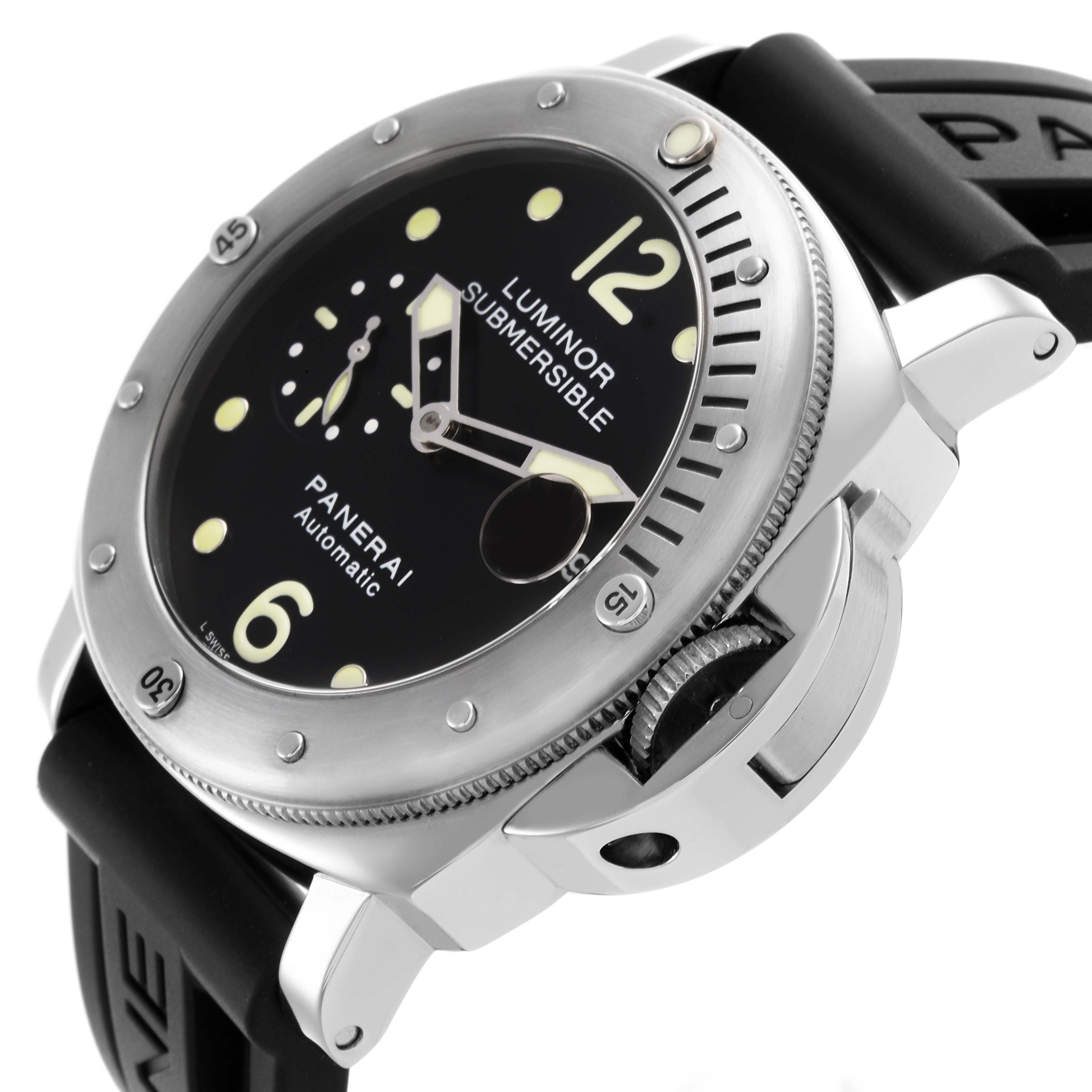 The Panerai Submersible PAM00024 Men's Stainless Steel Black Dial PAM00024 Men's Stainless Steel Black Dial is shown at an angle highlighting the crown guard, bezel, and dial.
