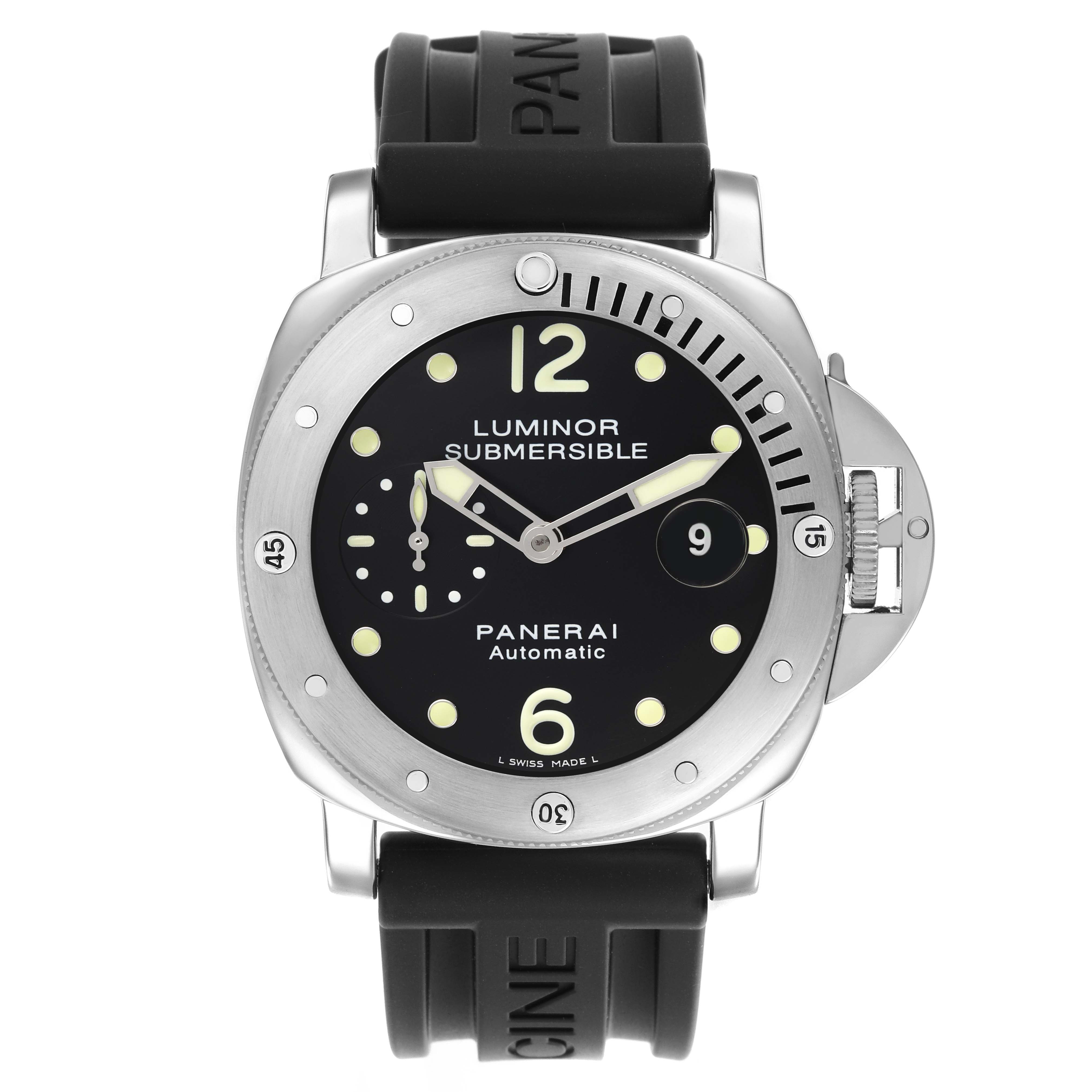 The Panerai Submersible PAM00024 Men's Stainless Steel Black Dial PAM00024 Men's Stainless Steel Black Dial watch is shown from the front, featuring its dial, bezel, and rubber strap.
