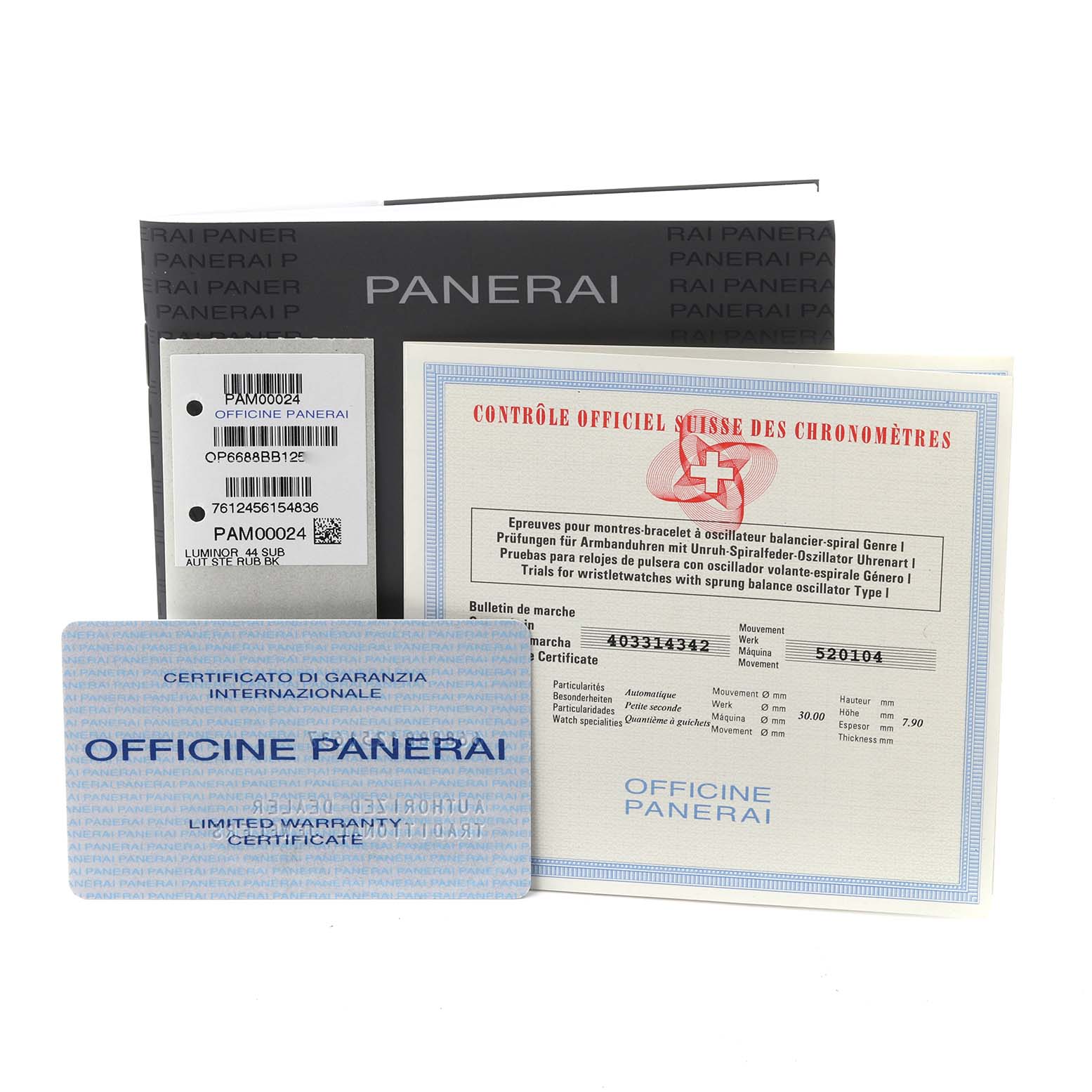 The image shows documentation and warranty cards for the Panerai Submersible PAM00024 Men's Stainless Steel Black Dial PAM00024 Men's Stainless Steel Black Dial watch, including a control certificate.