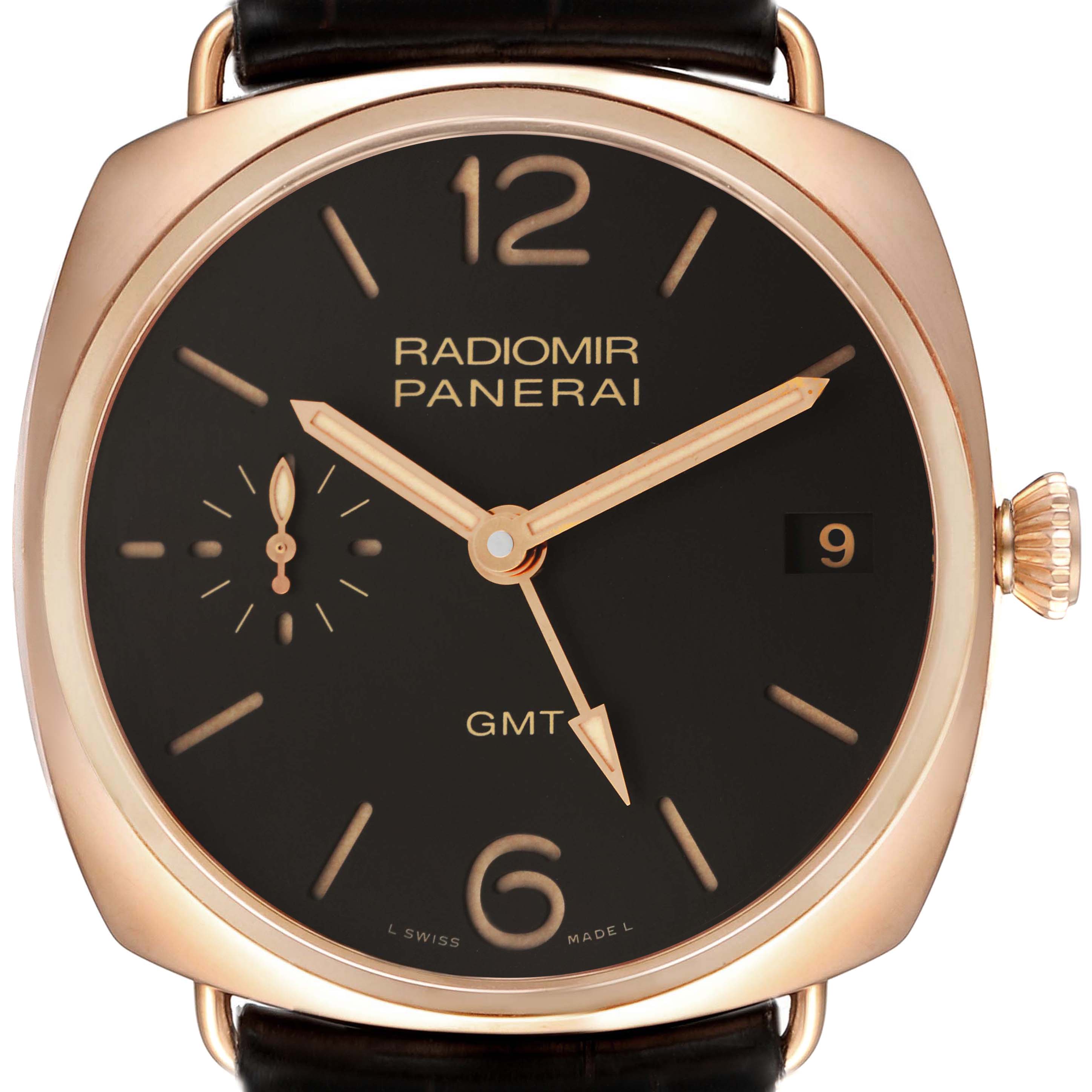 This image shows a front view of a Panerai Radiomir PAM00421 Men's Rose Gold Brown Dial PAM00421 Men's Rose Gold Brown Dial watch, highlighting its face, hands, crown, and strap end.