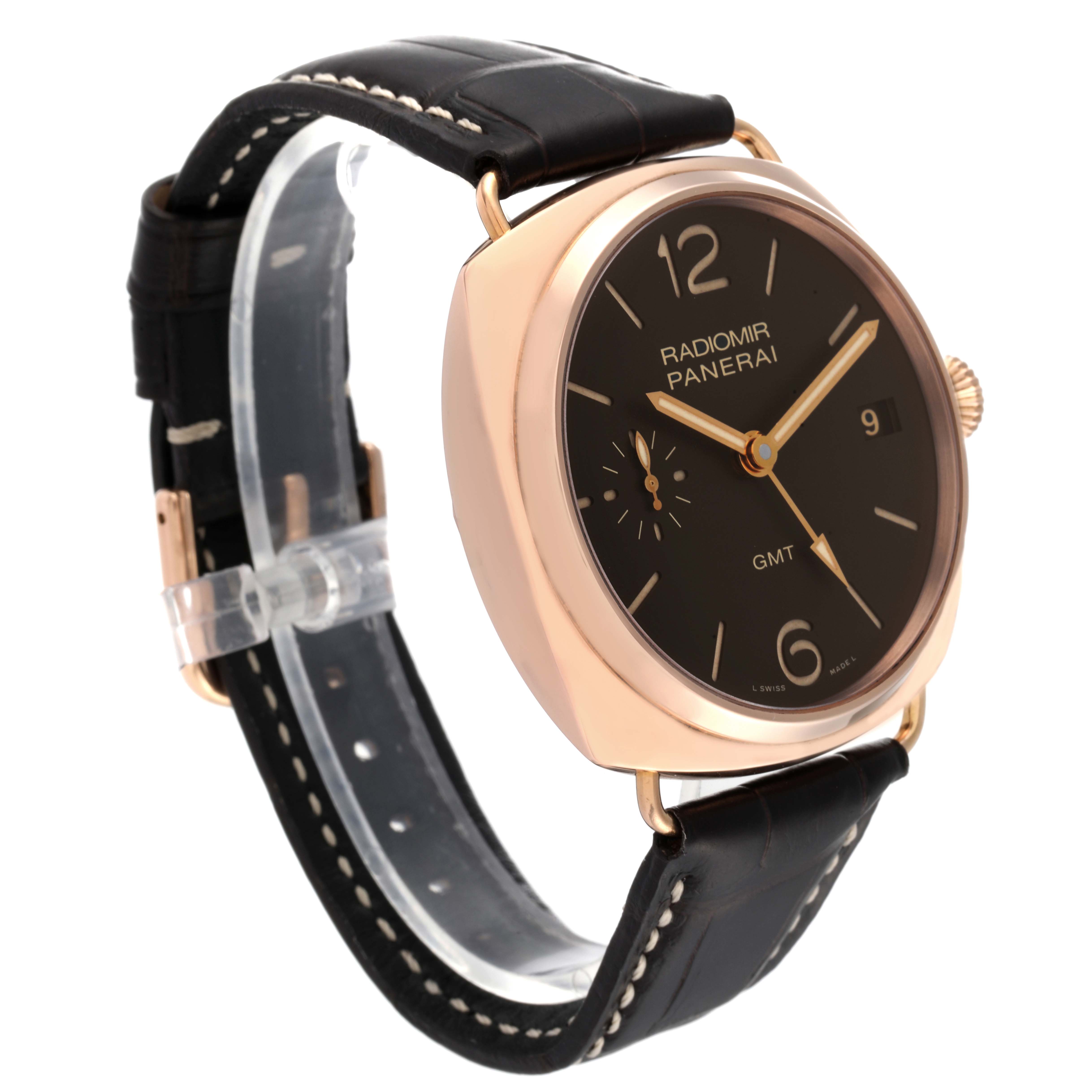 The image shows a Panerai Radiomir PAM00421 Men's Rose Gold Brown Dial PAM00421 Men's Rose Gold Brown Dial watch at a three-quarter angle, highlighting the face, strap, and crown.