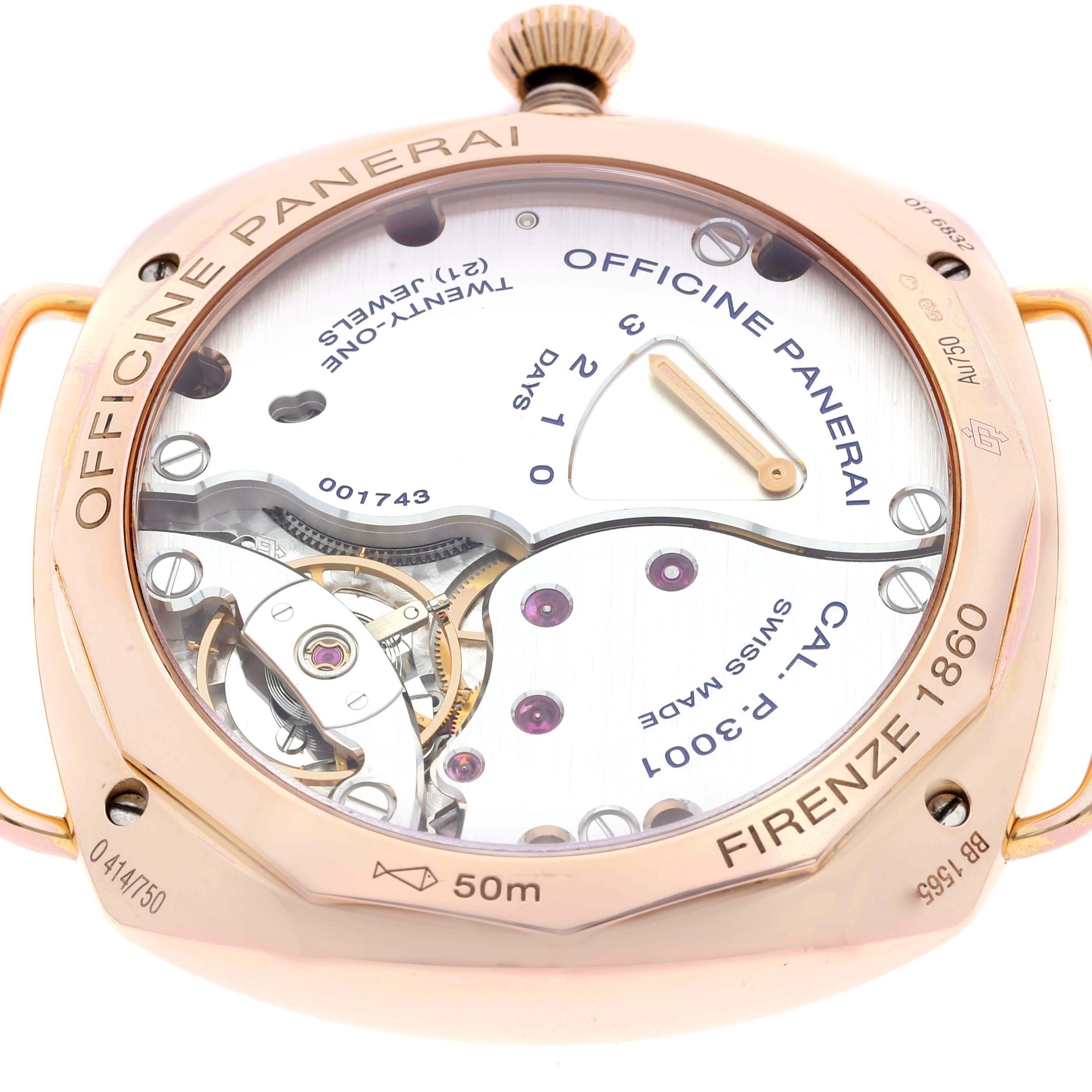 The image shows the back view of a Panerai Radiomir PAM00421 Men's Rose Gold Brown Dial PAM00421 Men's Rose Gold Brown Dial watch, highlighting its movement and internal mechanisms.