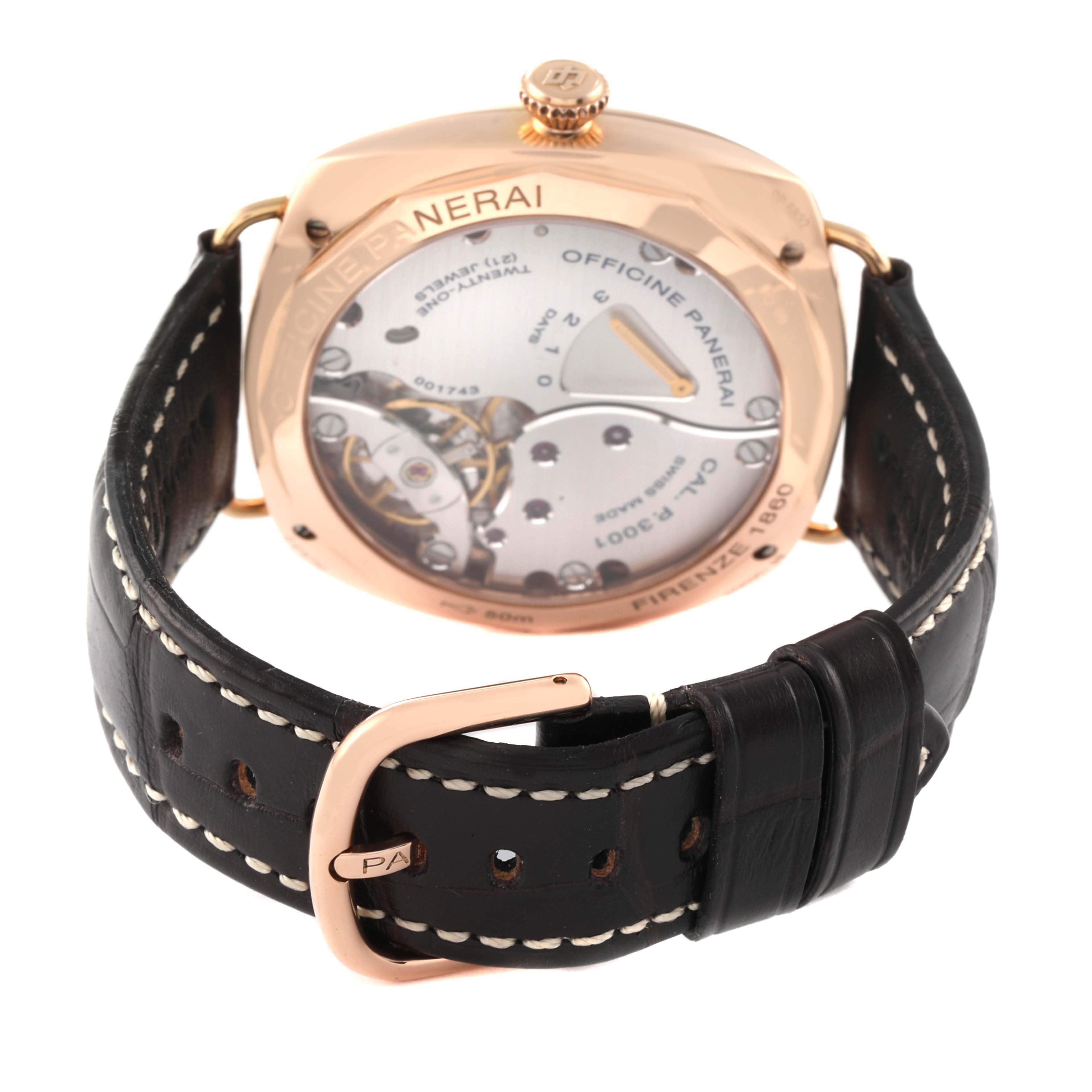 This image shows the back case and leather strap of a Panerai Radiomir PAM00421 Men's Rose Gold Brown Dial PAM00421 Men's Rose Gold Brown Dial model watch.