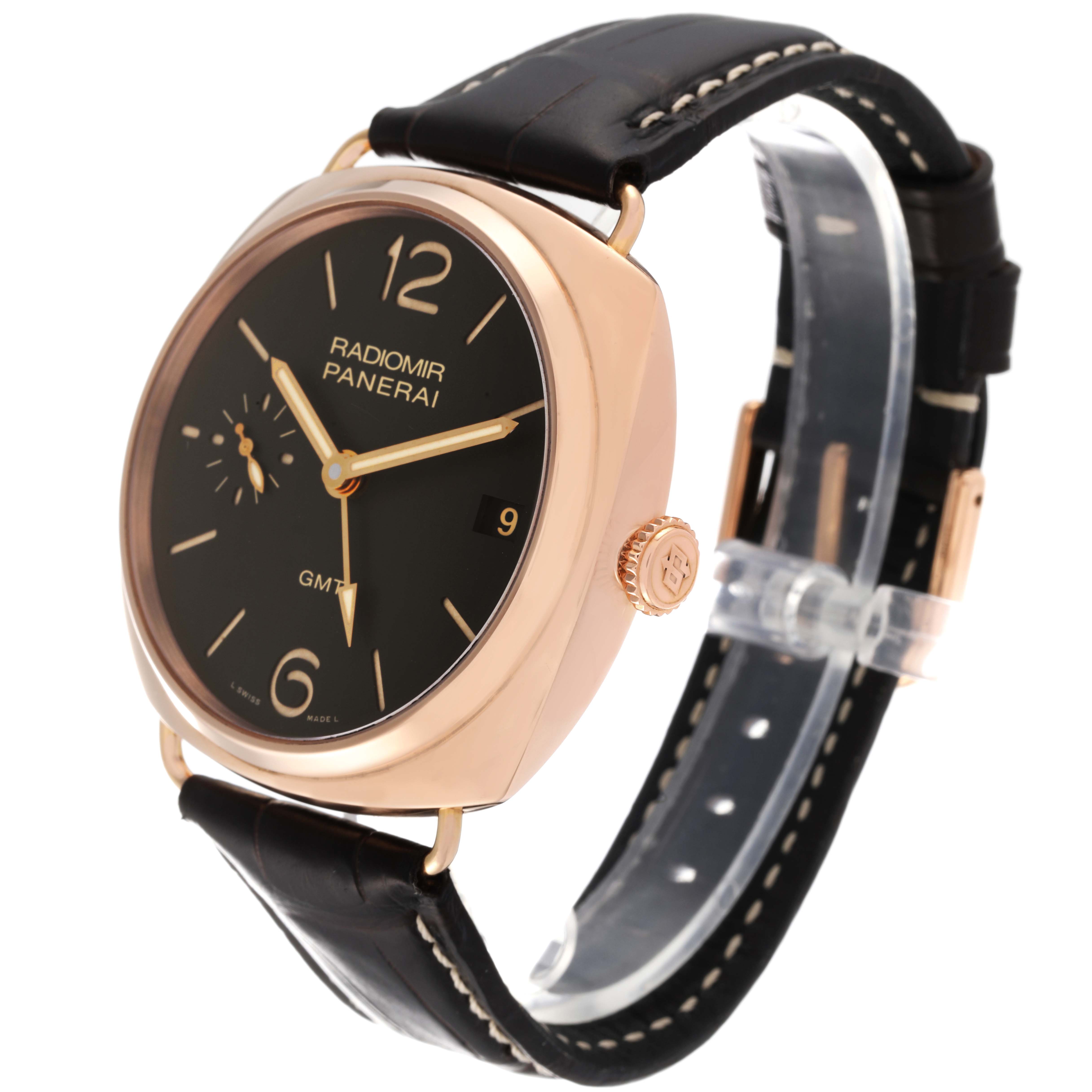 The image shows a side angle view of a Panerai Radiomir PAM00421 Men's Rose Gold Brown Dial PAM00421 Men's Rose Gold Brown Dial watch, highlighting its black dial, crown, and leather strap.