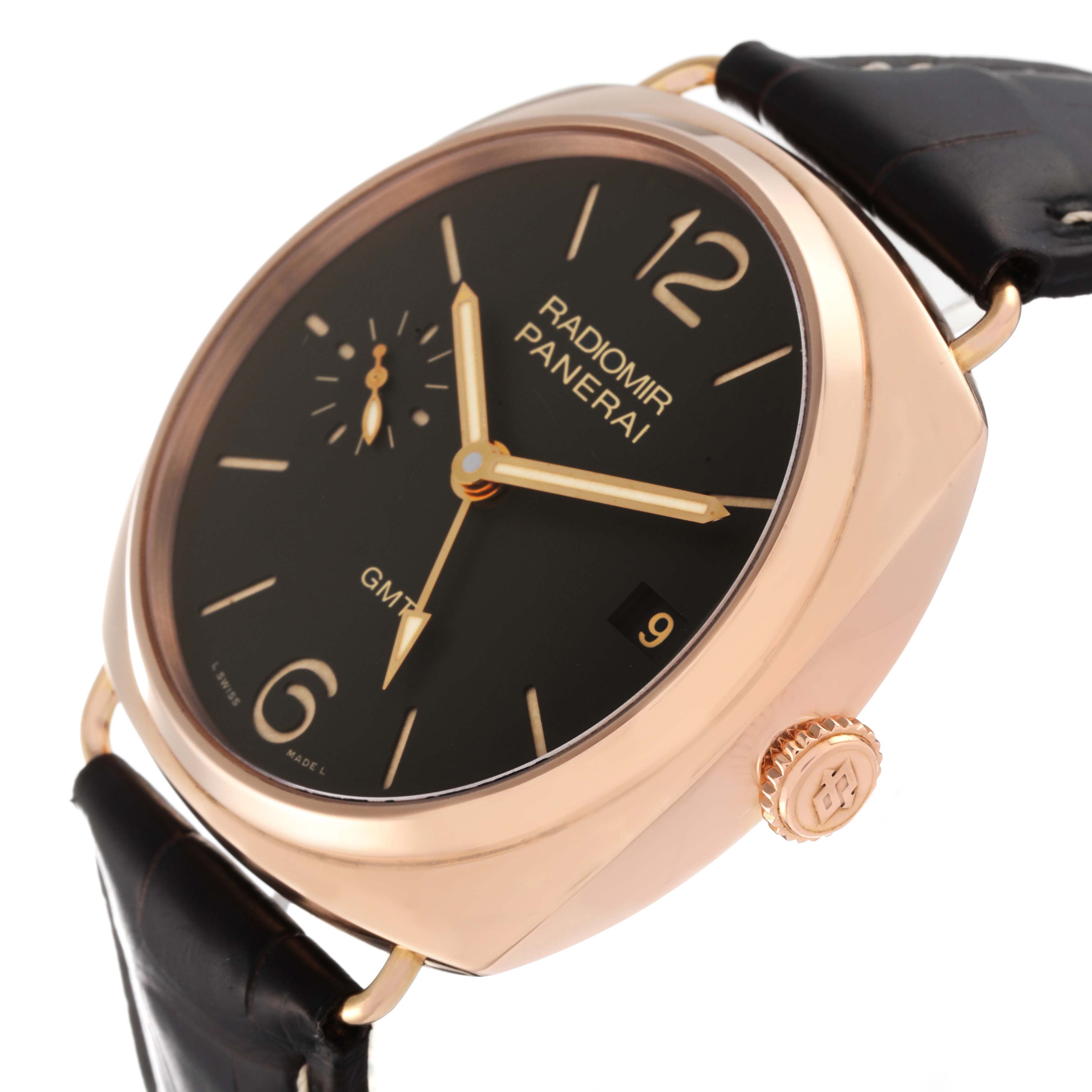 This Panerai Radiomir PAM00421 Men's Rose Gold Brown Dial PAM00421 Men's Rose Gold Brown Dial watch is shown at a three-quarter angle, highlighting the dial, crown, and part of the leather strap.