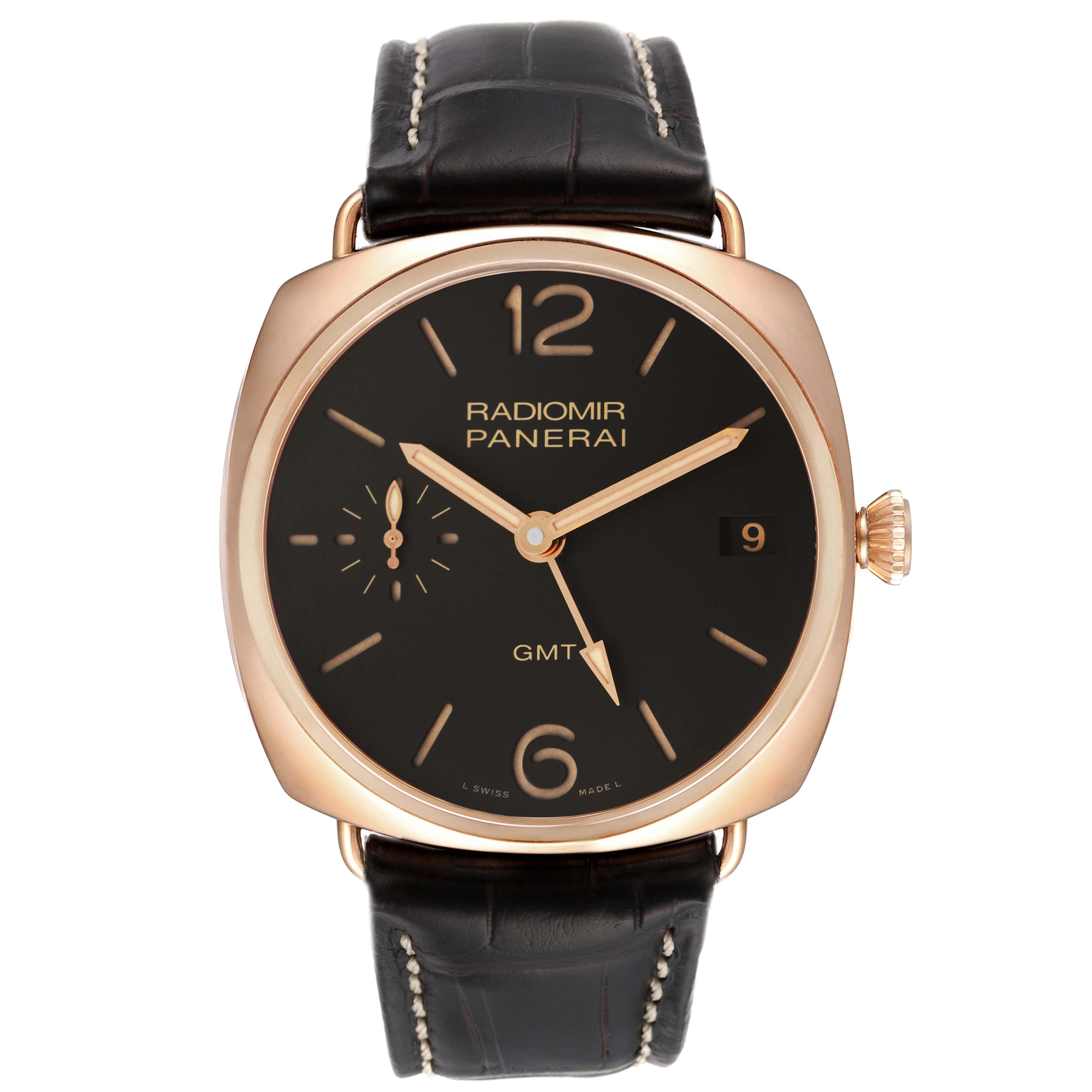 The image shows a front view of the Panerai Radiomir PAM00421 Men's Rose Gold Brown Dial PAM00421 Men's Rose Gold Brown Dial watch, highlighting its dial, hands, crown, and leather strap.