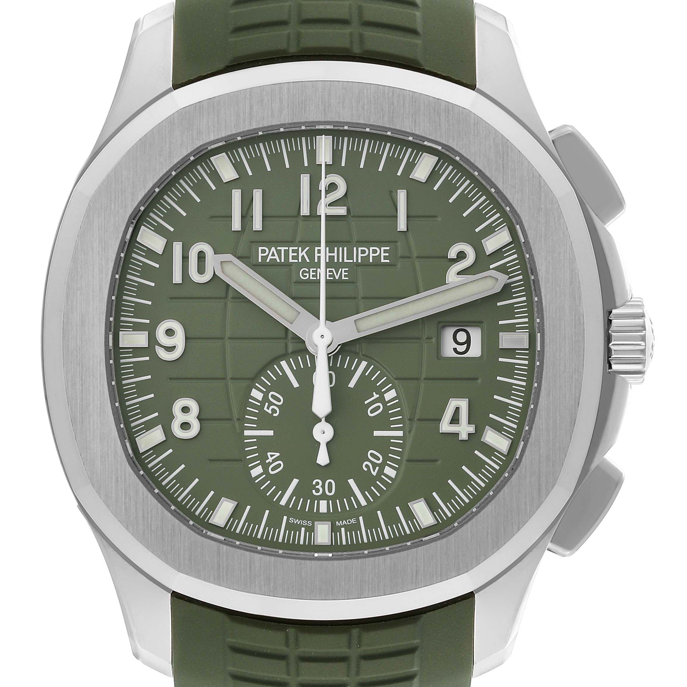 The Patek Philippe Aquanaut 5968G-010 Men's White Gold Green Dial watch is shown from the front, displaying the dial, hands, crown, and case.