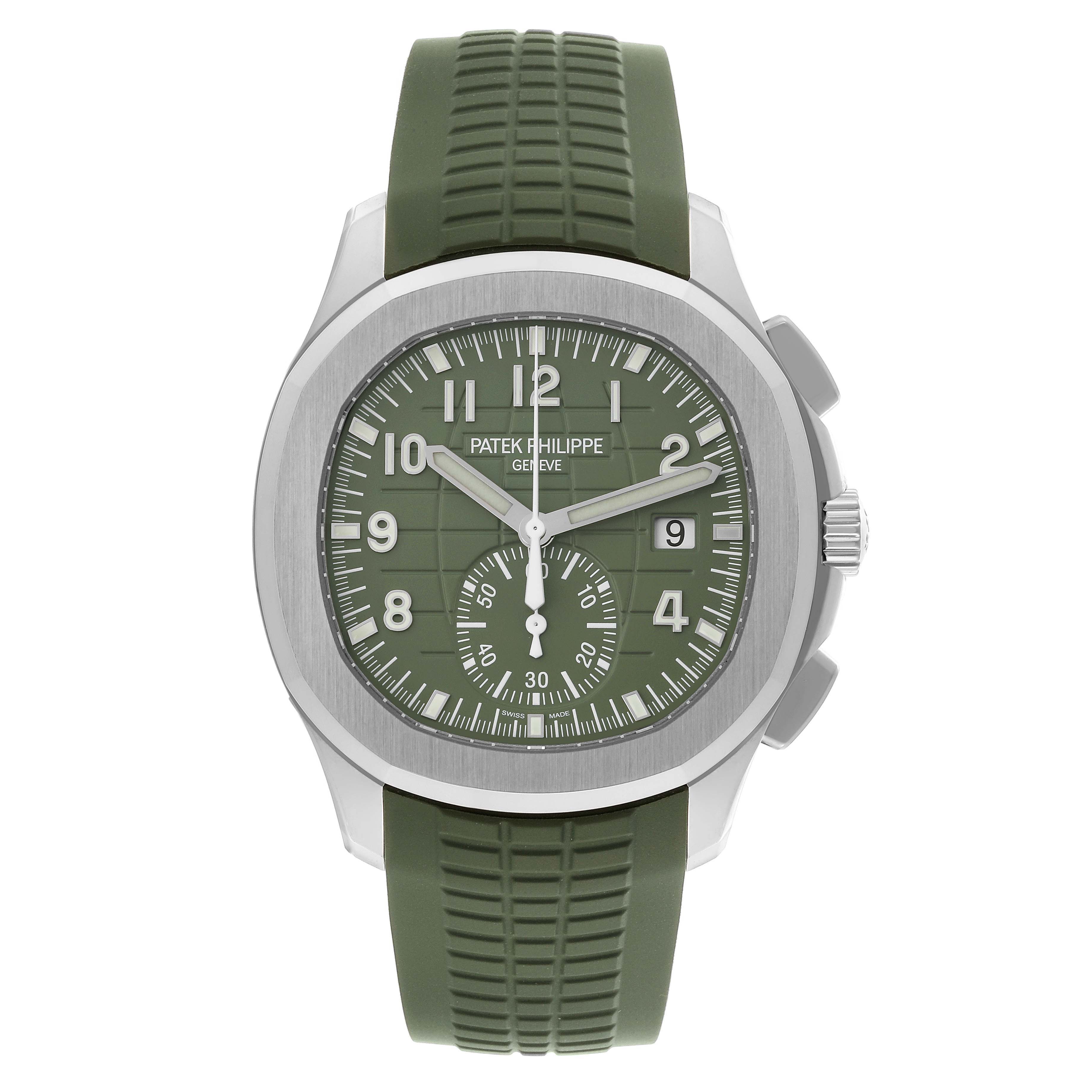 The Patek Philippe Aquanaut 5968G-010 Men's White Gold Green Dial watch is shown from the front, displaying the dial, case, and green strap.
