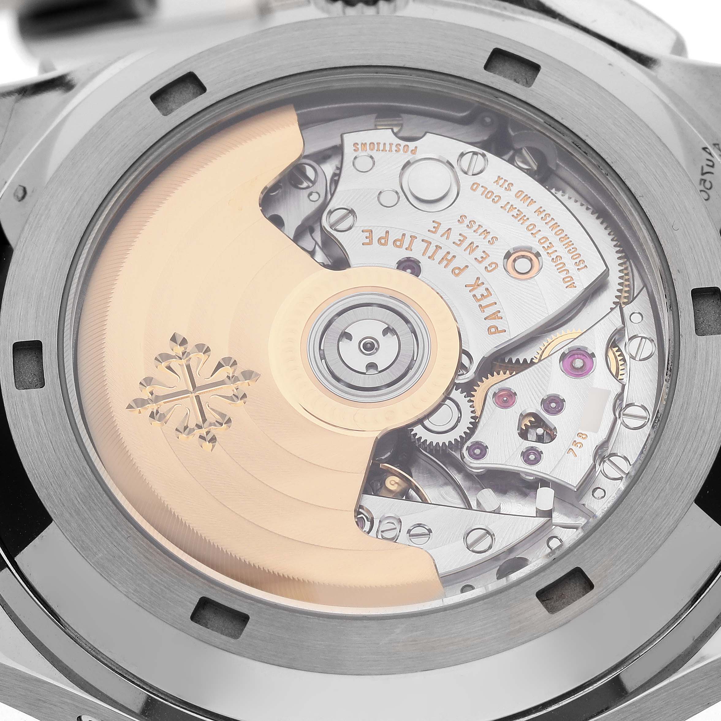 This image shows the transparent case back of the Patek Philippe Aquanaut 5968G-010 Men's White Gold Green Dial 5968G-010 Men's White Gold Green Dial, highlighting the movement and rotor.