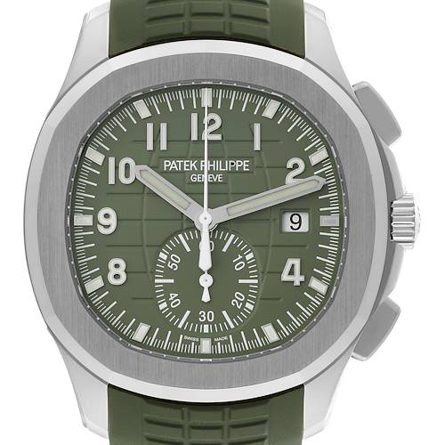 The image shows a front close-up of the Patek Philippe Aquanaut watch, highlighting the green dial and strap.