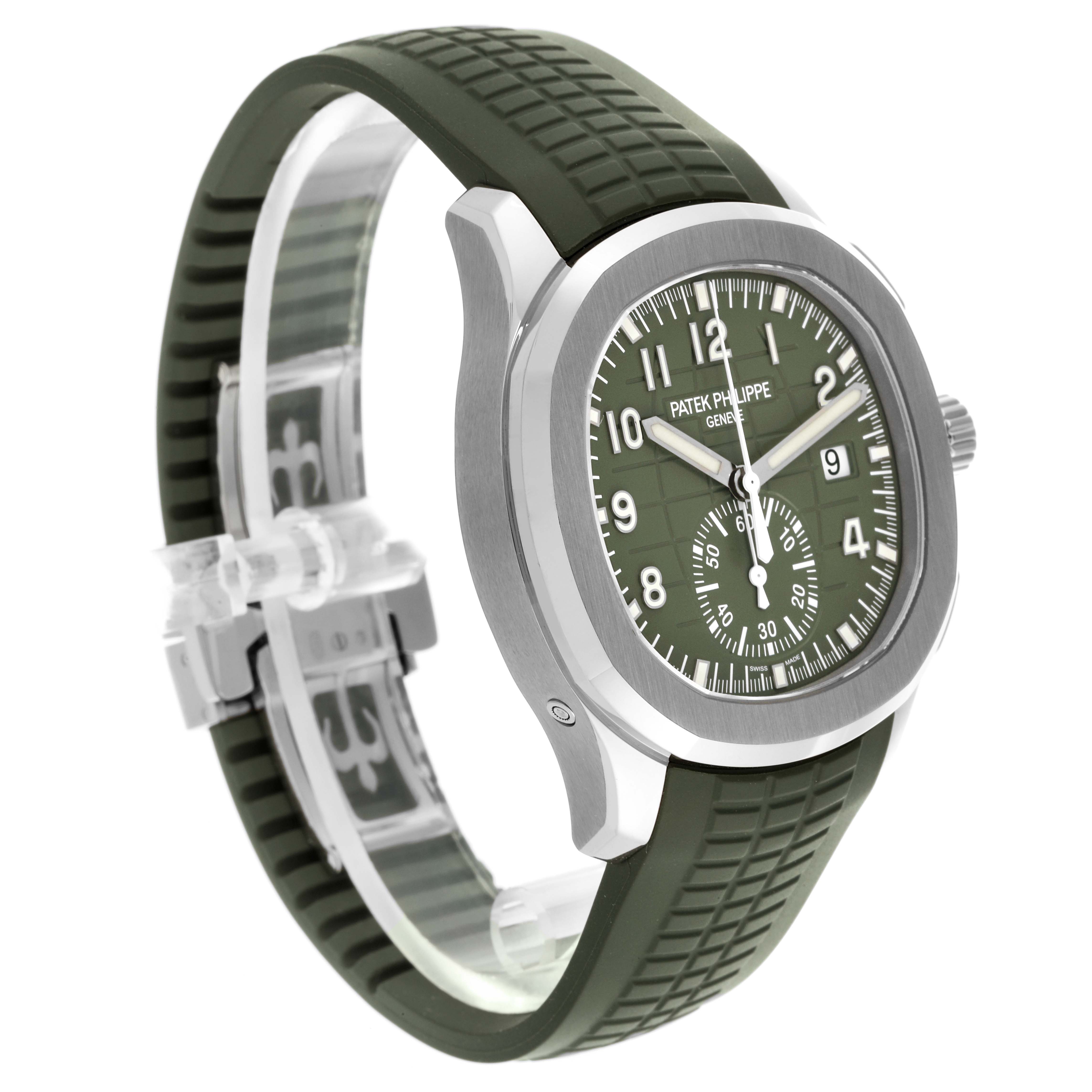 The Patek Philippe Aquanaut 5968G-010 Men's White Gold Green Dial 5968G-010 Men's White Gold Green Dial watch is shown at a three-quarter angle, highlighting the green dial, bezel, and rubber strap.