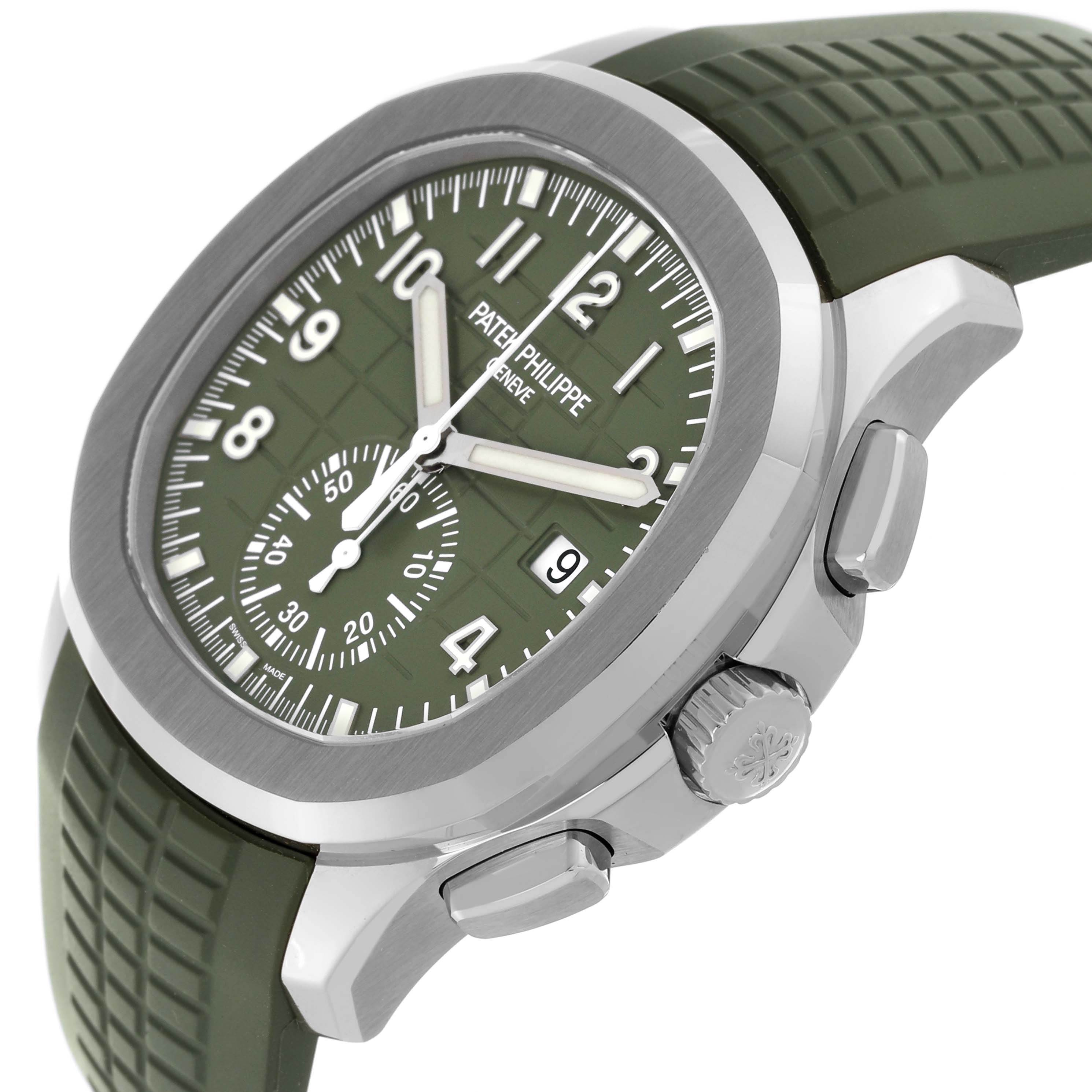The Patek Philippe Aquanaut 5968G-010 Men's White Gold Green Dial 5968G-010 Men's White Gold Green Dial watch is shown at an angle highlighting the dial, crown, and side pushers.