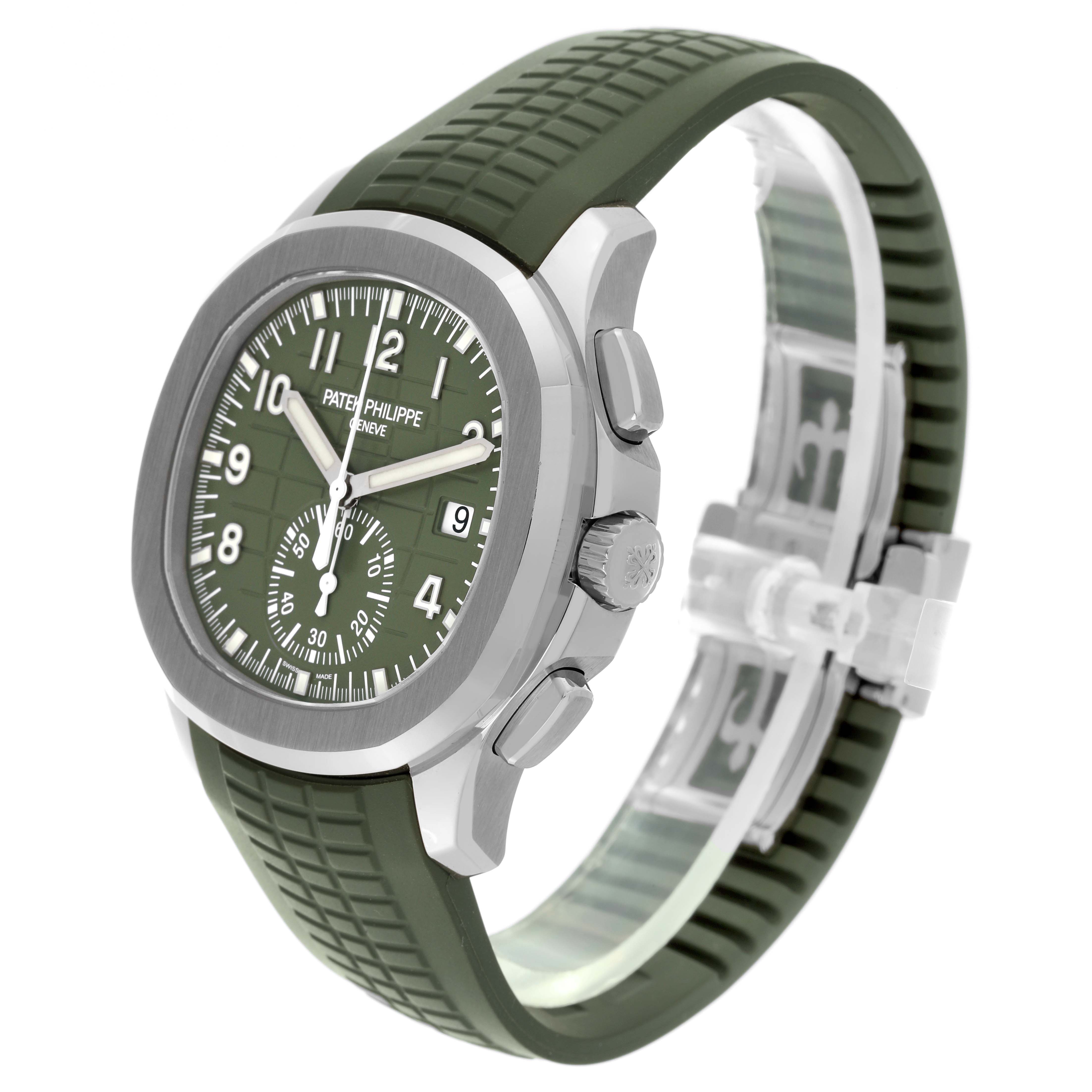 The Patek Philippe Aquanaut 5968G-010 Men's White Gold Green Dial 5968G-010 Men's White Gold Green Dial watch is shown at a three-quarter angle, highlighting the green dial, bezel, and olive rubber strap.