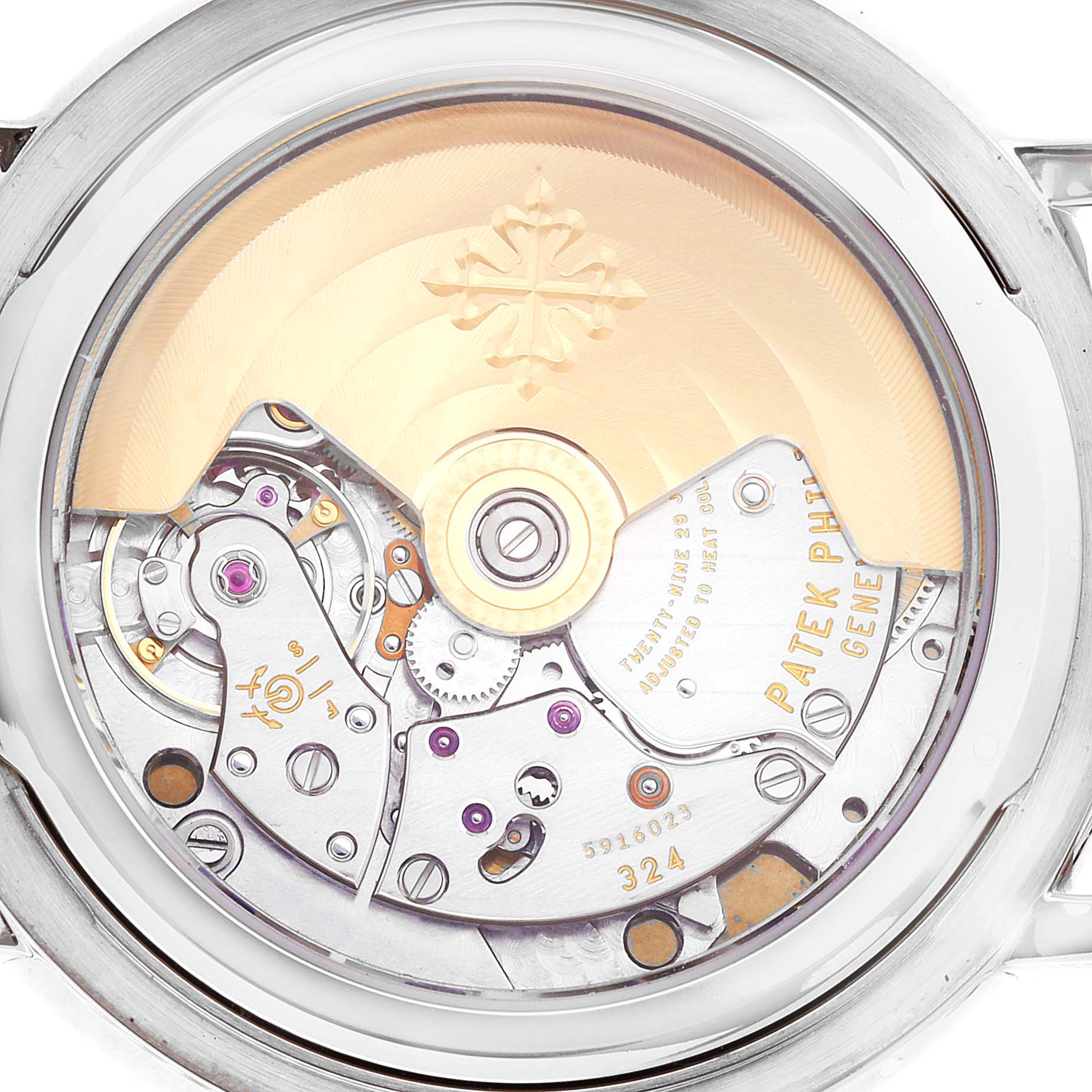 This image shows the back view of the Patek Philippe Calatrava 5153G Men
s White Gold Silver Dial 5153G Men
s White Gold Silver Dial watch, highlighting its intricate movement mechanism.