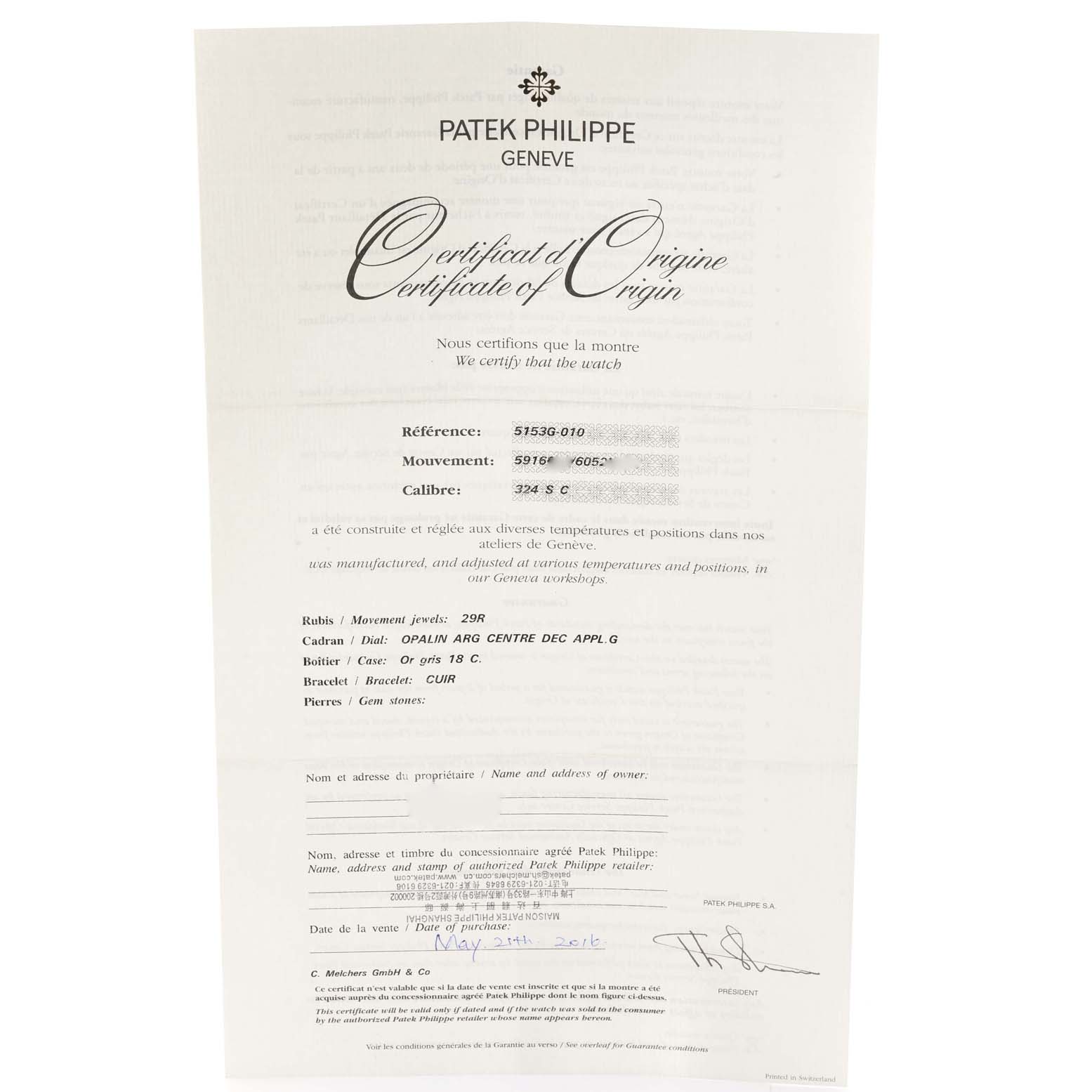 The image displays a Certificate of Origin for the Calatrava model by Patek Philippe, shown from a top-down angle.