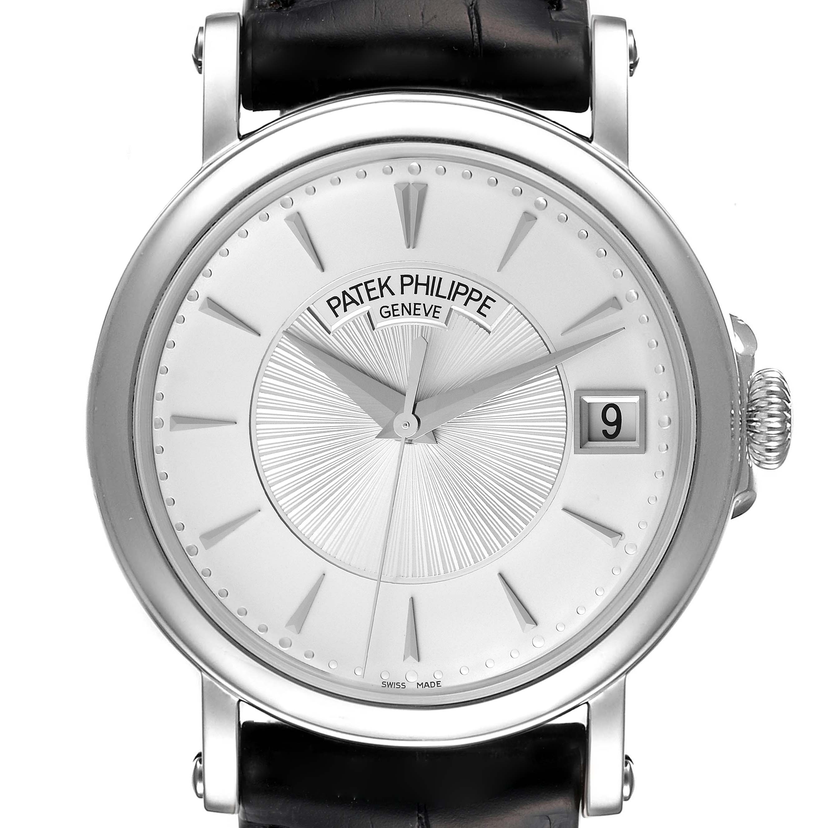 This image shows a front view of the Patek Philippe Calatrava 5153G Men
s White Gold Silver Dial 5153G Men
s White Gold Silver Dial watch, highlighting the dial, hands, date window, and leather strap.
