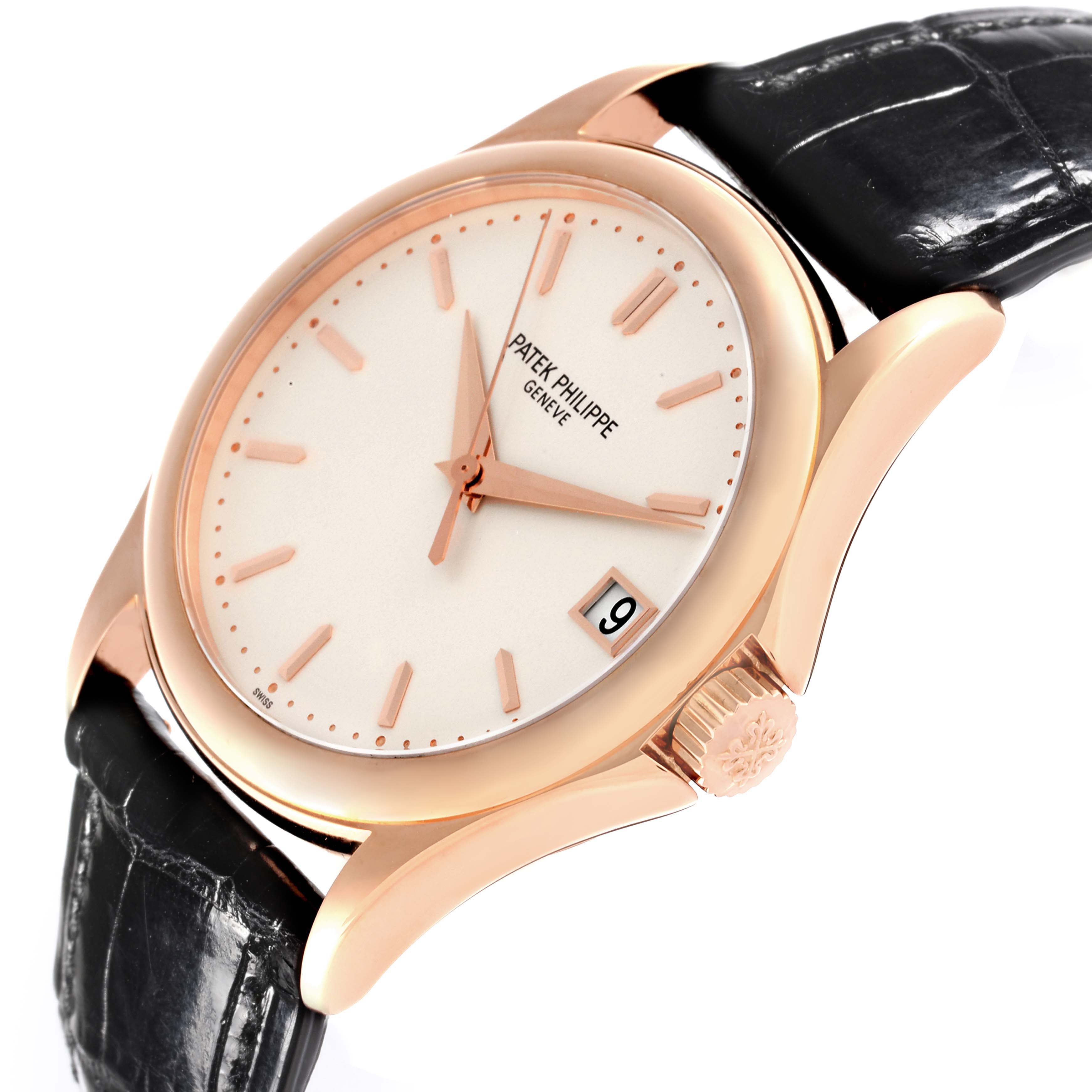The Patek Philippe Calatrava 5127R-001 Men's Rose Gold Silver Dial 5127R-001 Men's Rose Gold Silver Dial is shown at a three-quarter angle, highlighting the face, bezel, crown, and leather strap.