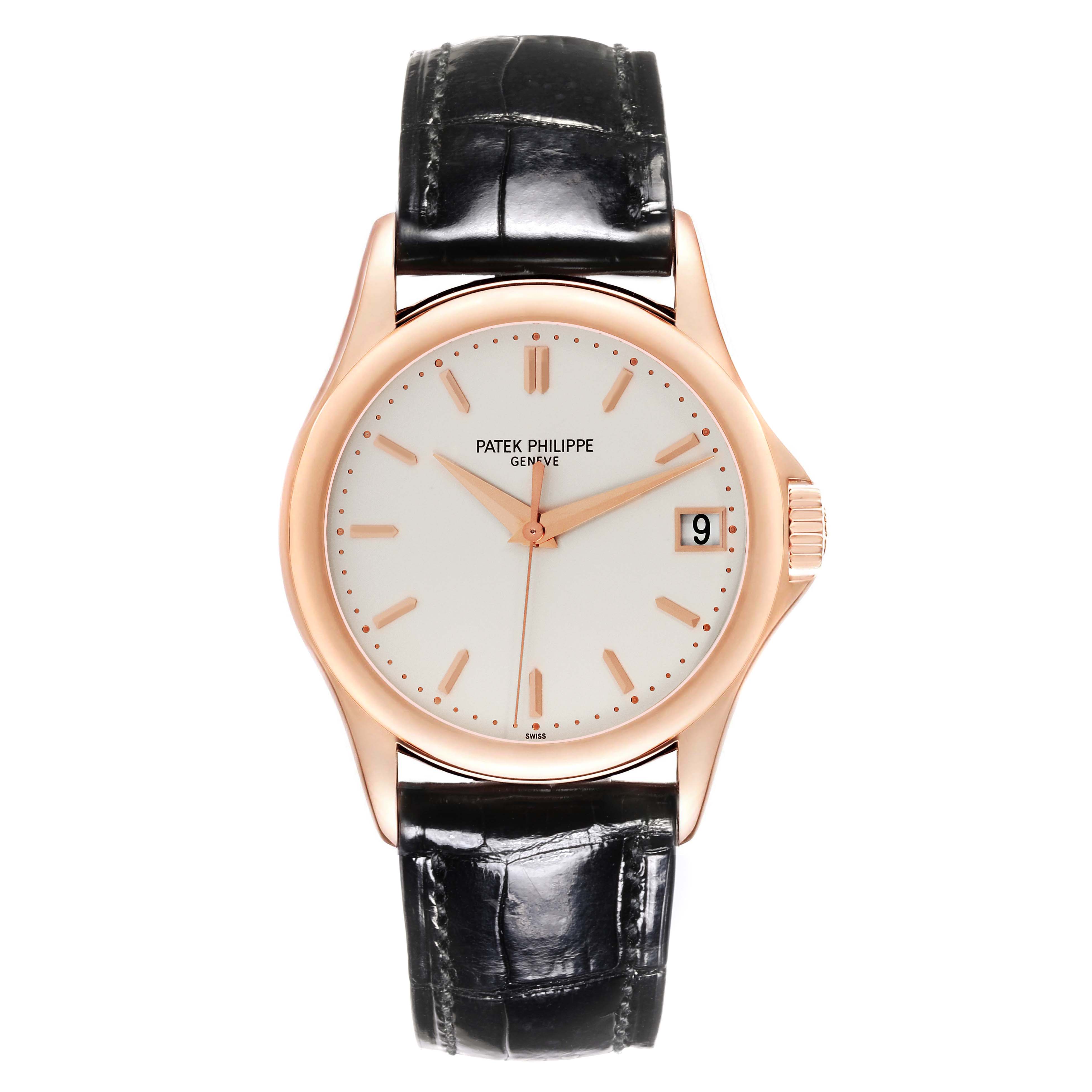 The Patek Philippe Calatrava 5127R-001 Men's Rose Gold Silver Dial 5127R-001 Men's Rose Gold Silver Dial watch is shown from a straight-on angle, displaying the face, rose gold case, and black leather strap.