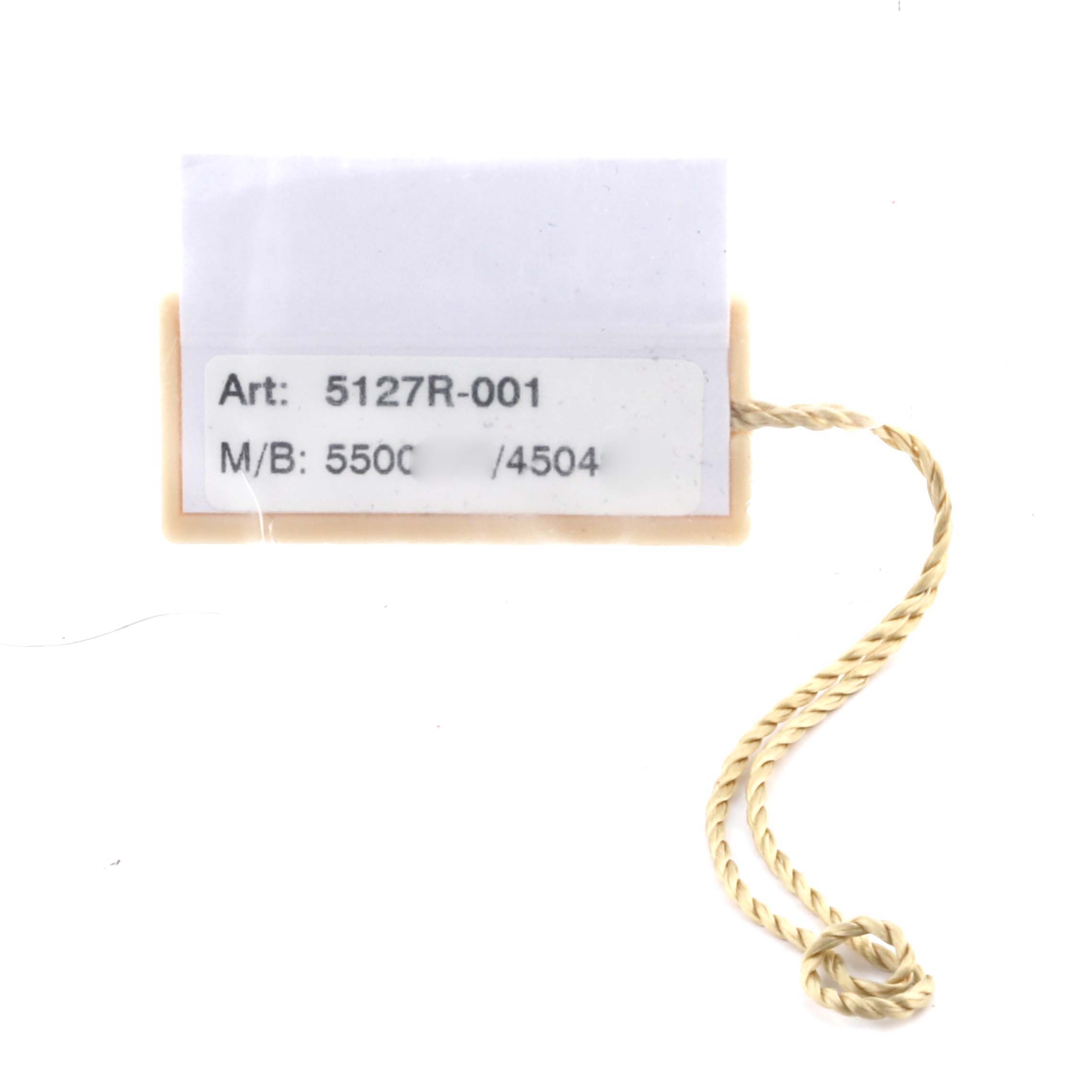 The image shows a tag for a Patek Philippe Calatrava 5127R-001 Men's Rose Gold Silver Dial 5127R-001 Men's Rose Gold Silver Dial model 5127R-001 with a twisted string attached.