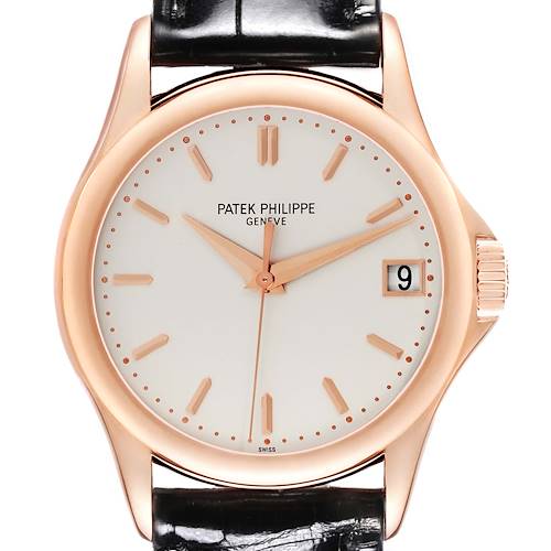 The image shows a front view of the Patek Philippe Calatrava watch, highlighting the dial, bezel, hands, date window, and part of the strap.