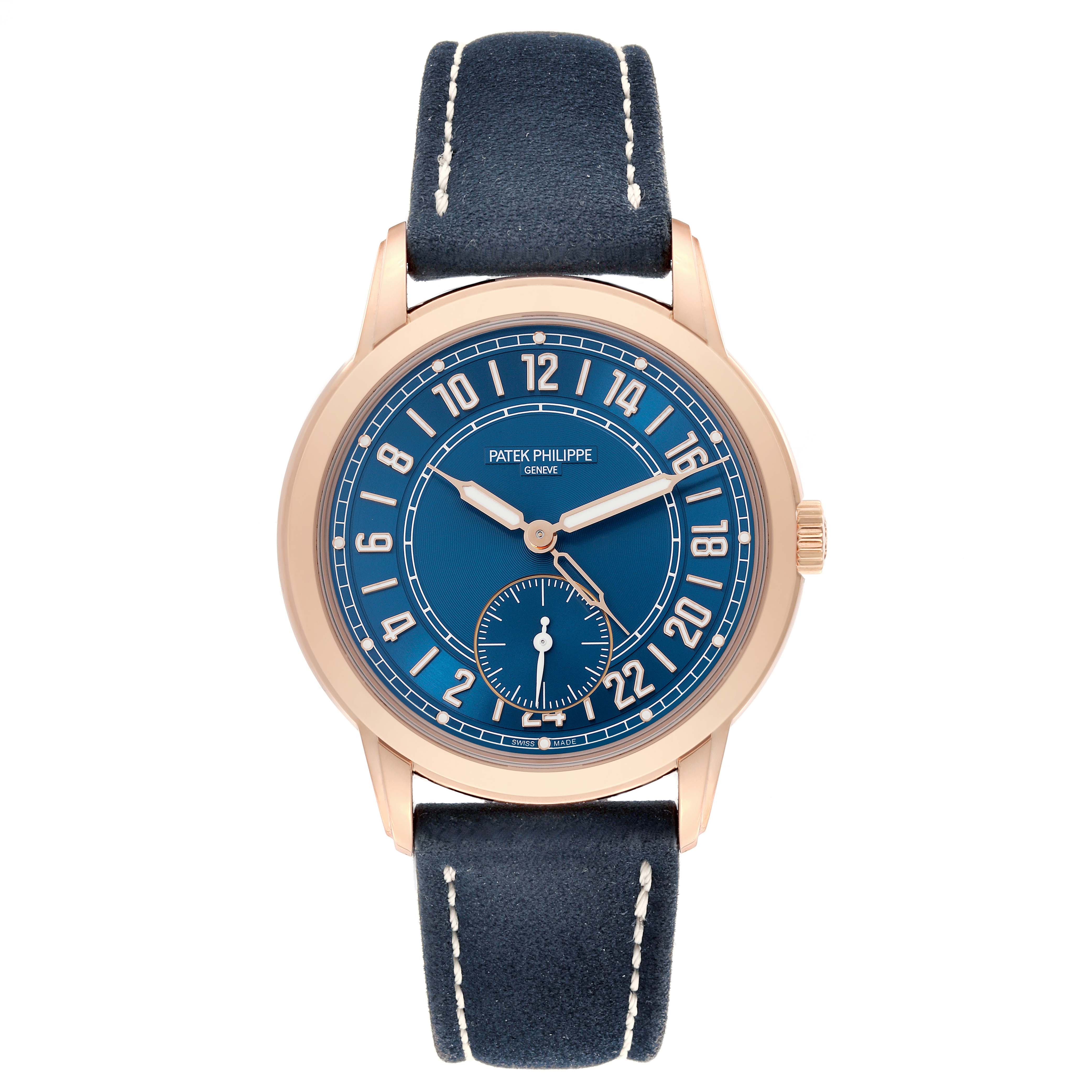 The Patek Philippe Calatrava 5224R-001 Men
s Rose Gold Blue Dial 5224R-001 Men
s Rose Gold Blue Dial watch is shown from a front angle, displaying its blue dial and leather strap.