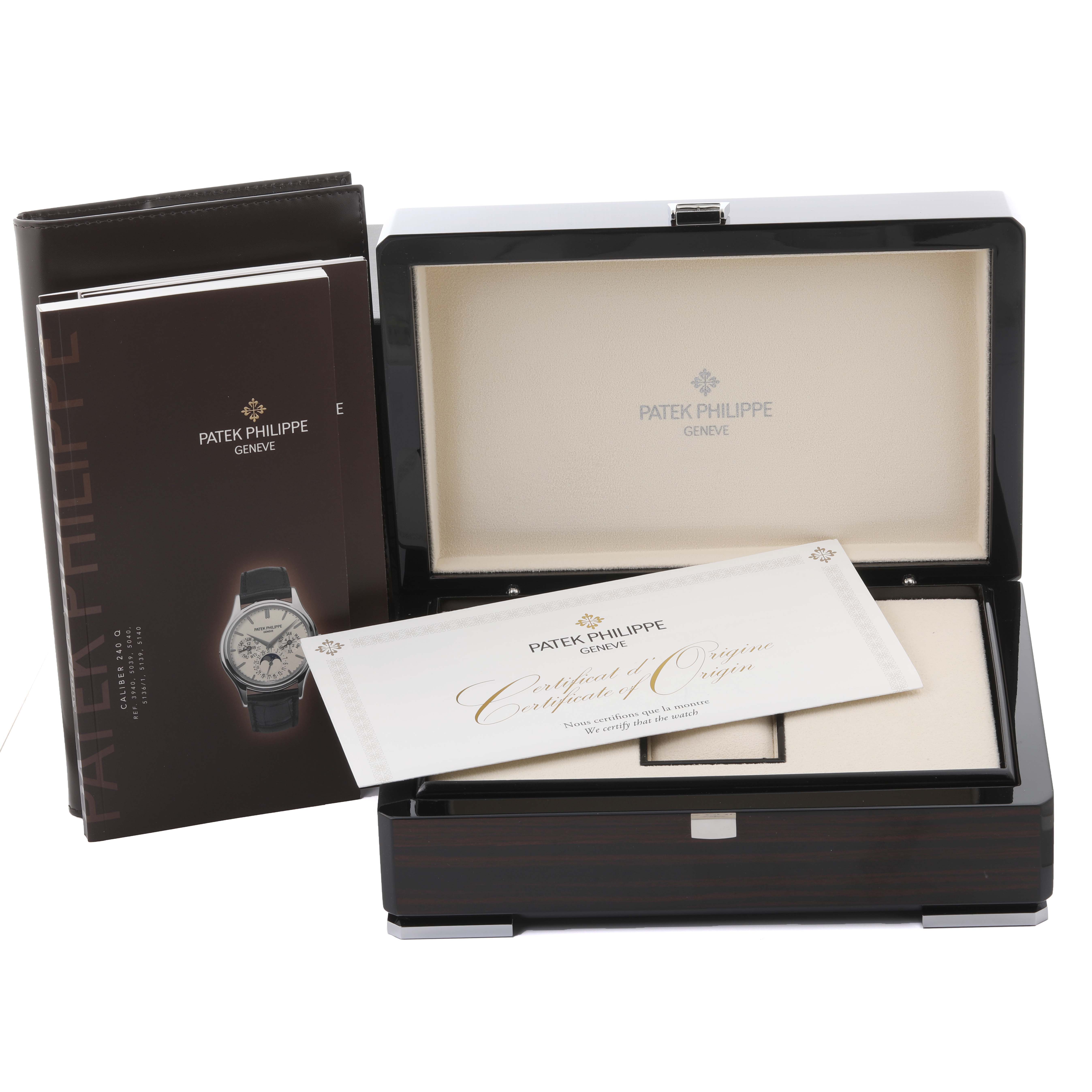 The image shows a Patek Philippe Calatrava 5224R-001 Men
s Rose Gold Blue Dial 5224R-001 Men
s Rose Gold Blue Dial box, certificate, and booklet from a top-front angle.