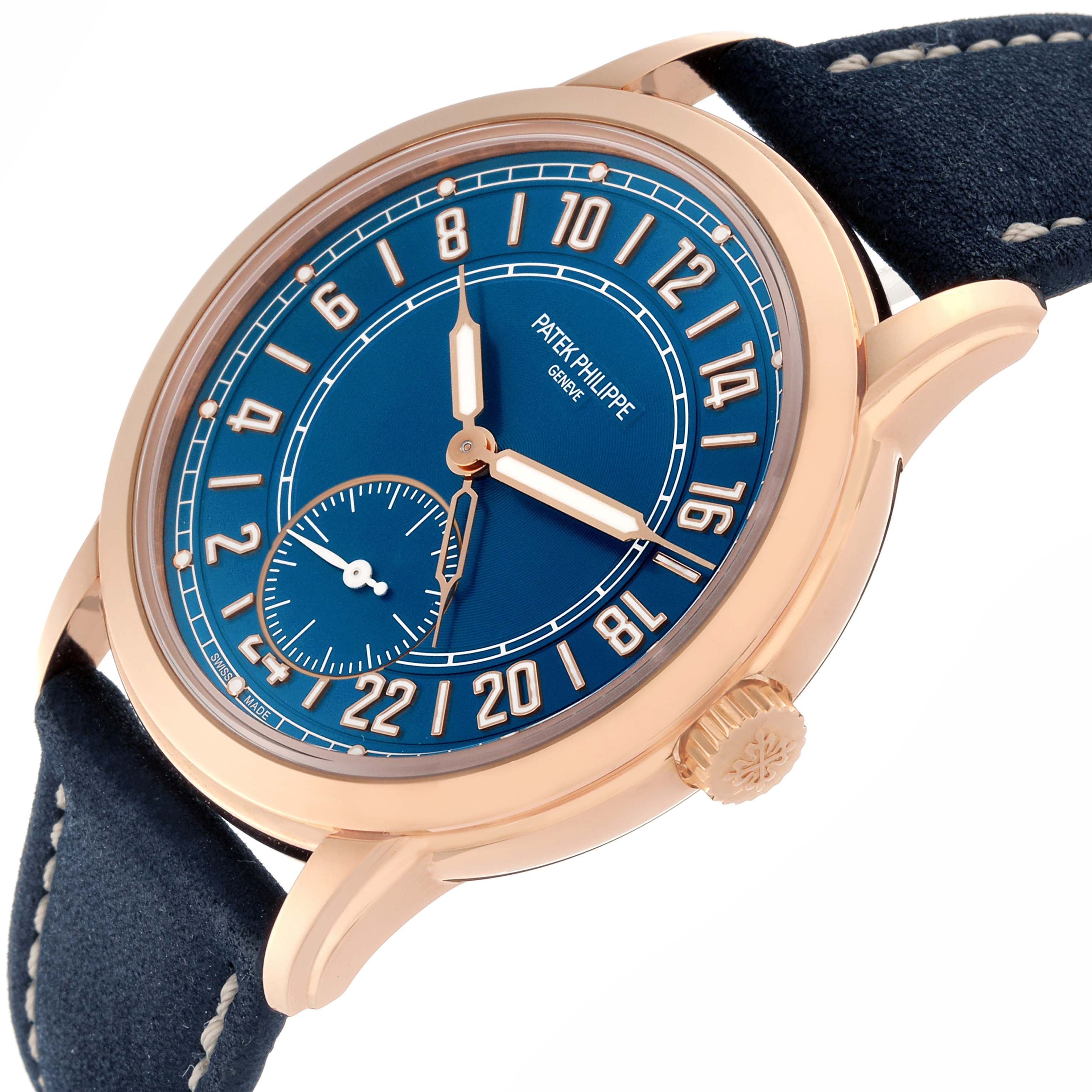 The Patek Philippe Calatrava 5224R-001 Men
s Rose Gold Blue Dial 5224R-001 Men
s Rose Gold Blue Dial watch is shown at an angled side view, highlighting its blue dial, rose gold case, hands, and crown.