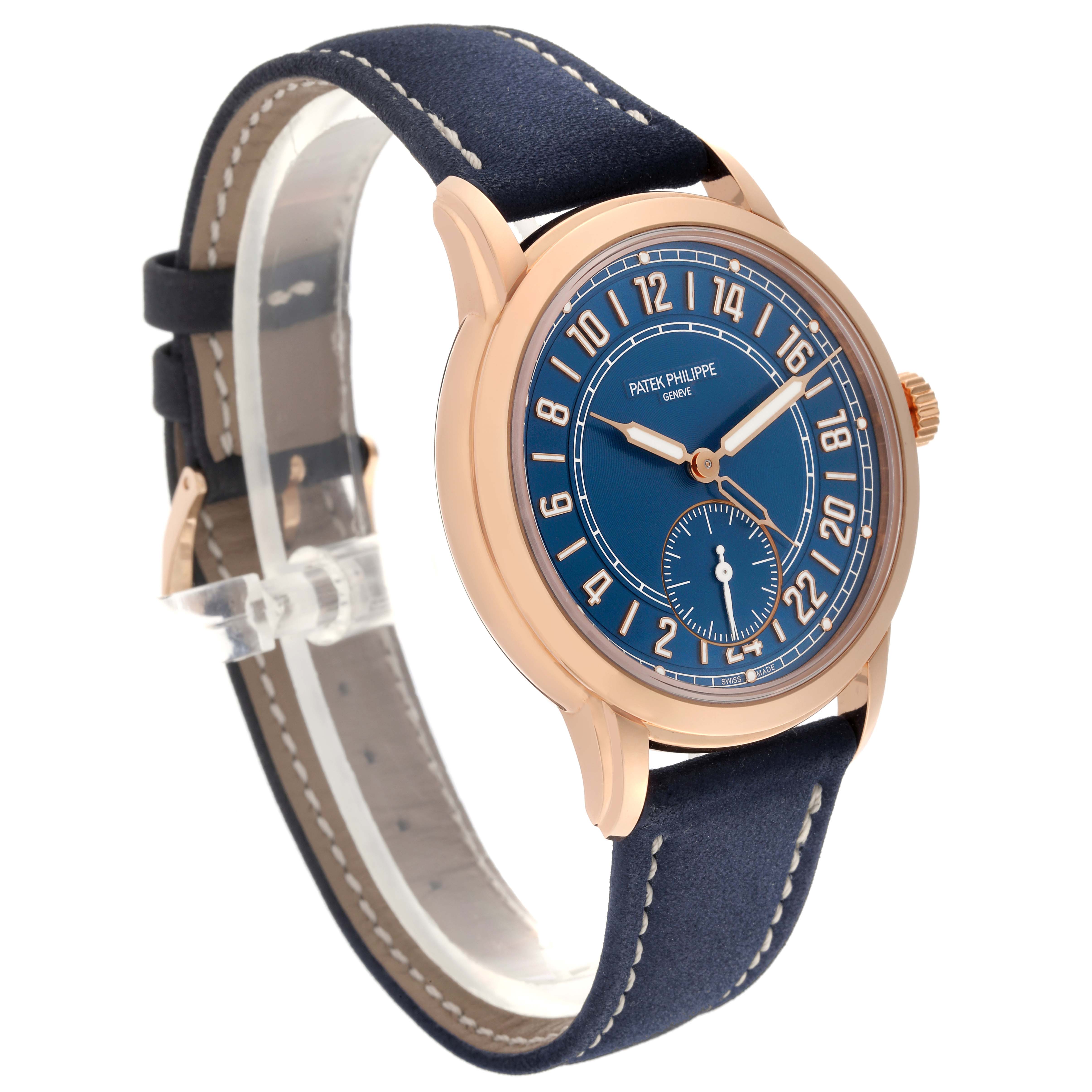 The Patek Philippe Calatrava 5224R-001 Men
s Rose Gold Blue Dial 5224R-001 Men
s Rose Gold Blue Dial watch is shown at a three-quarter angle, highlighting the dial, hands, and leather strap.