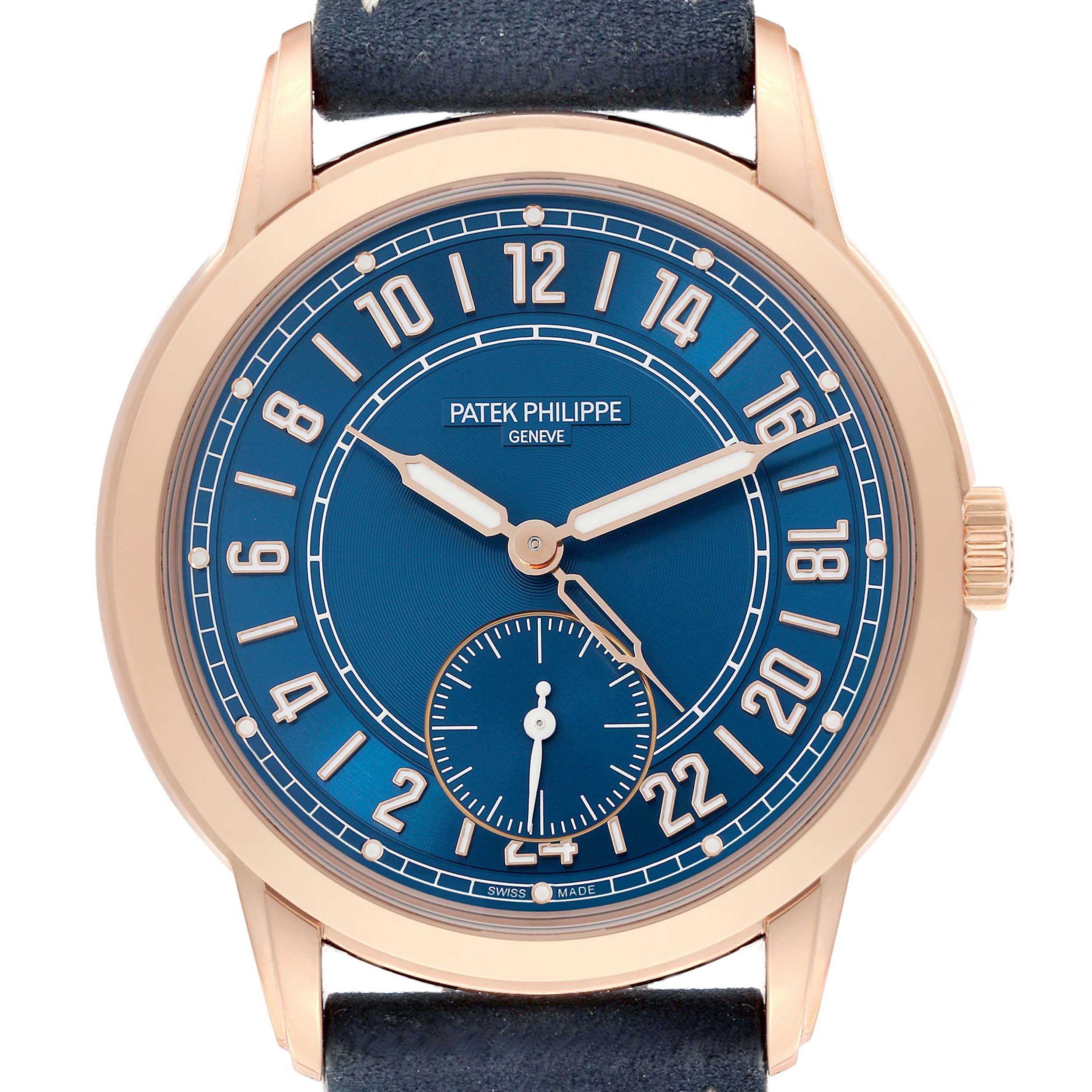 The Patek Philippe Calatrava 5224R-001 Men
s Rose Gold Blue Dial 5224R-001 Men
s Rose Gold Blue Dial watch is shown from the front, displaying its blue dial and gold numerals.