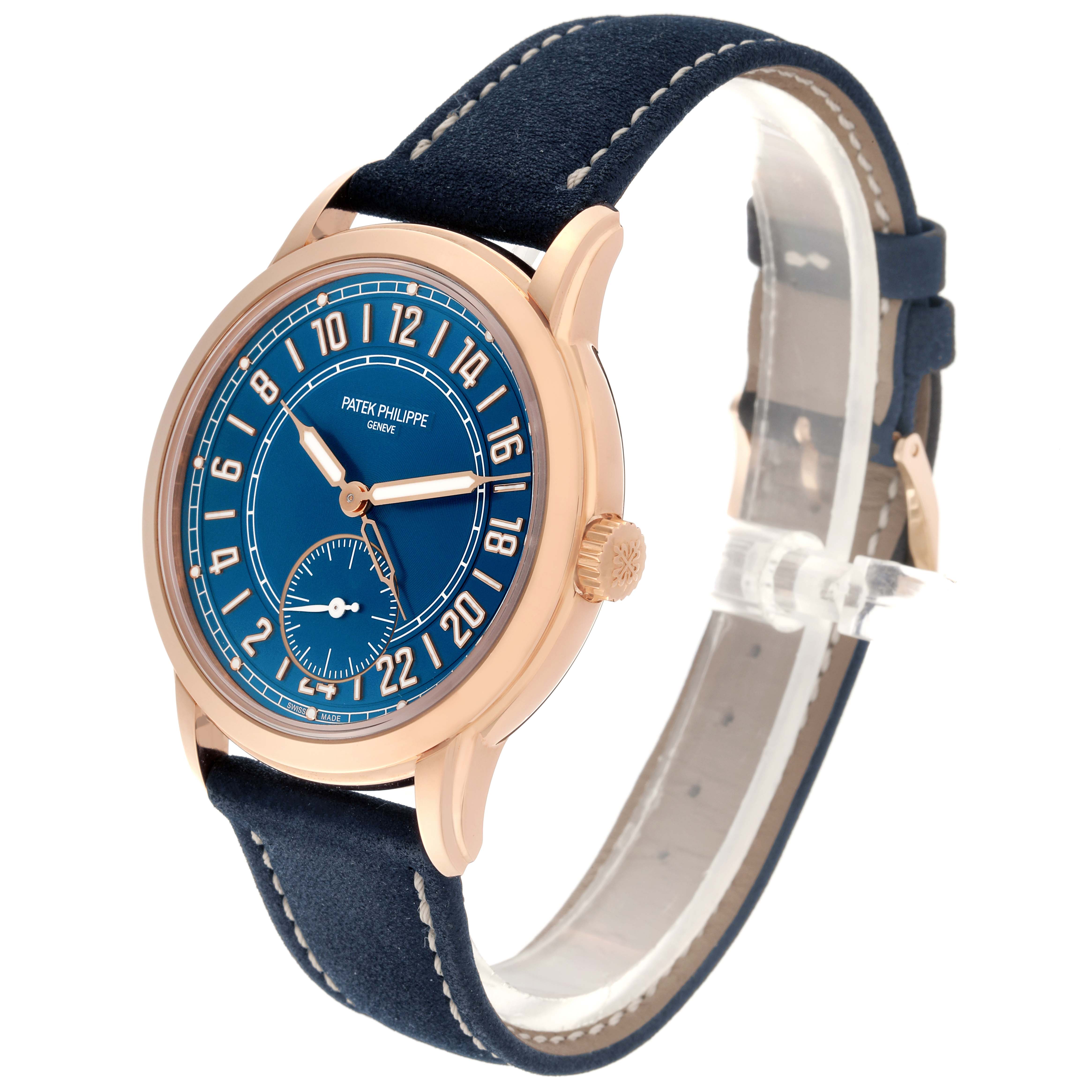 The Patek Philippe Calatrava 5224R-001 Men
s Rose Gold Blue Dial 5224R-001 Men
s Rose Gold Blue Dial watch is shown at a side angle, displaying the dial, case, crown, and strap.