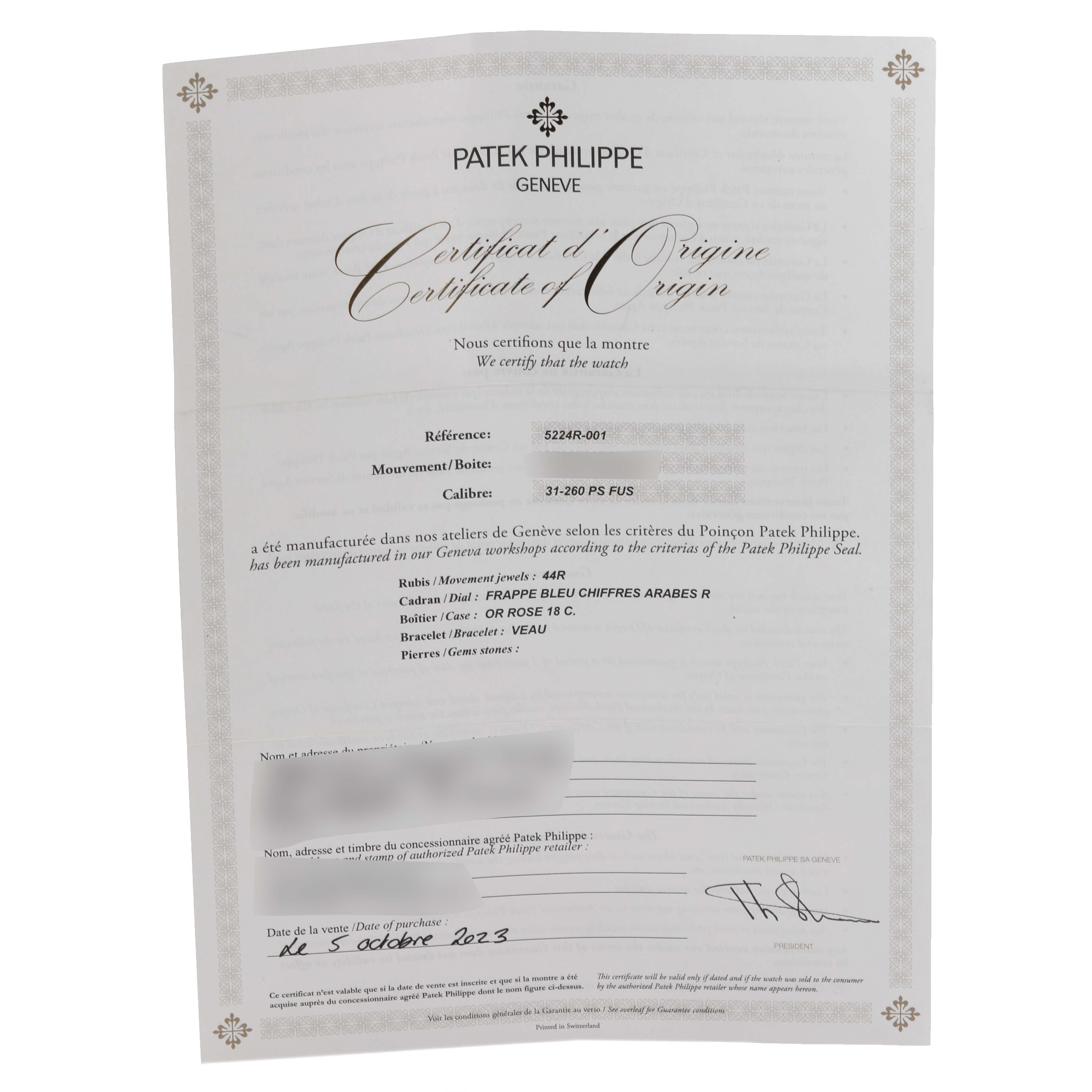 The image shows a certificate of origin for a Patek Philippe Calatrava 5224R-001 Men
s Rose Gold Blue Dial 5224R-001 Men
s Rose Gold Blue Dial watch, model number 5224R-001.