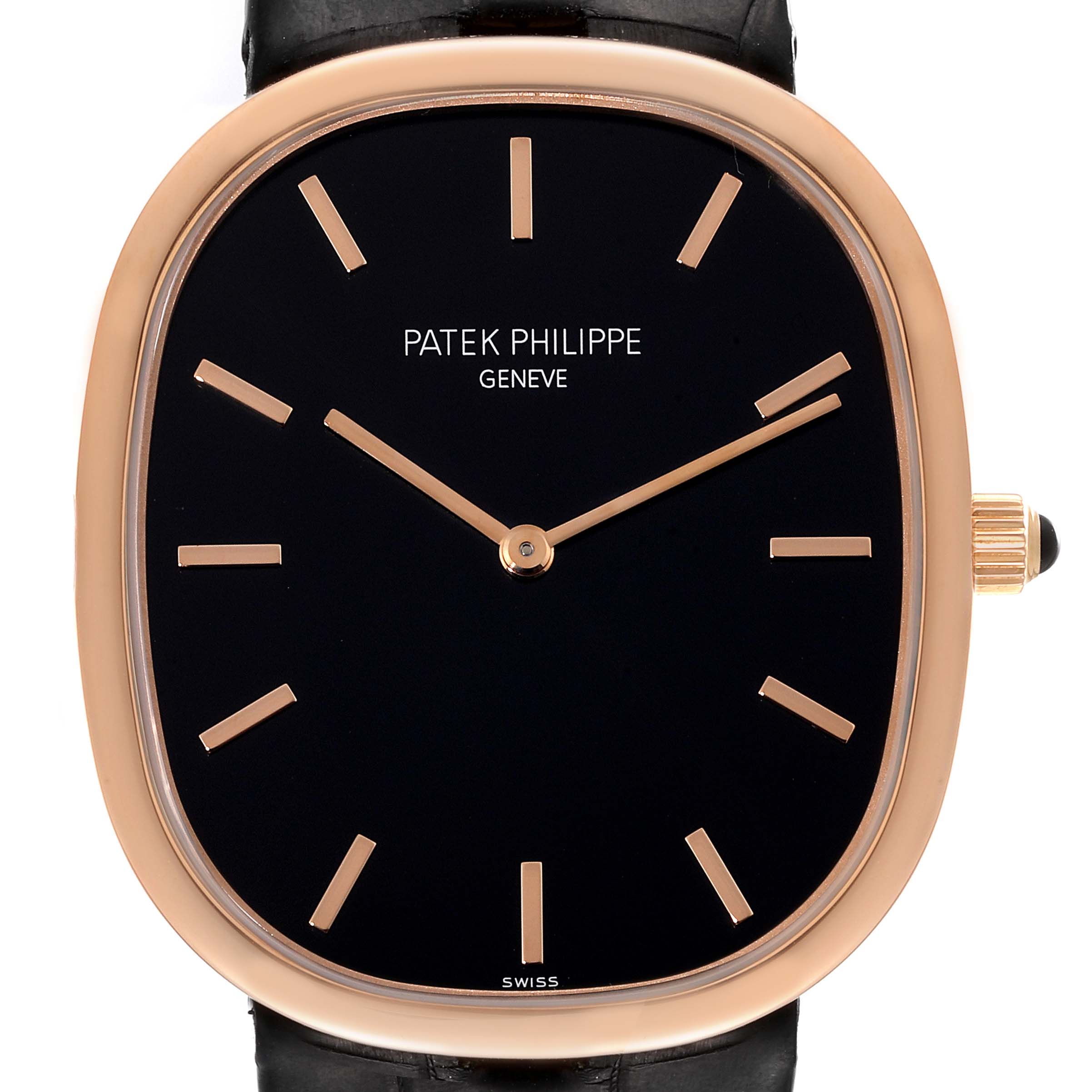 The image shows a frontal view of the Patek Philippe Golden Ellipse 5738R-001 Men's Rose Gold Black Dial 5738R-001 Men's Rose Gold Black Dial watch, highlighting the dial, case, and crown.