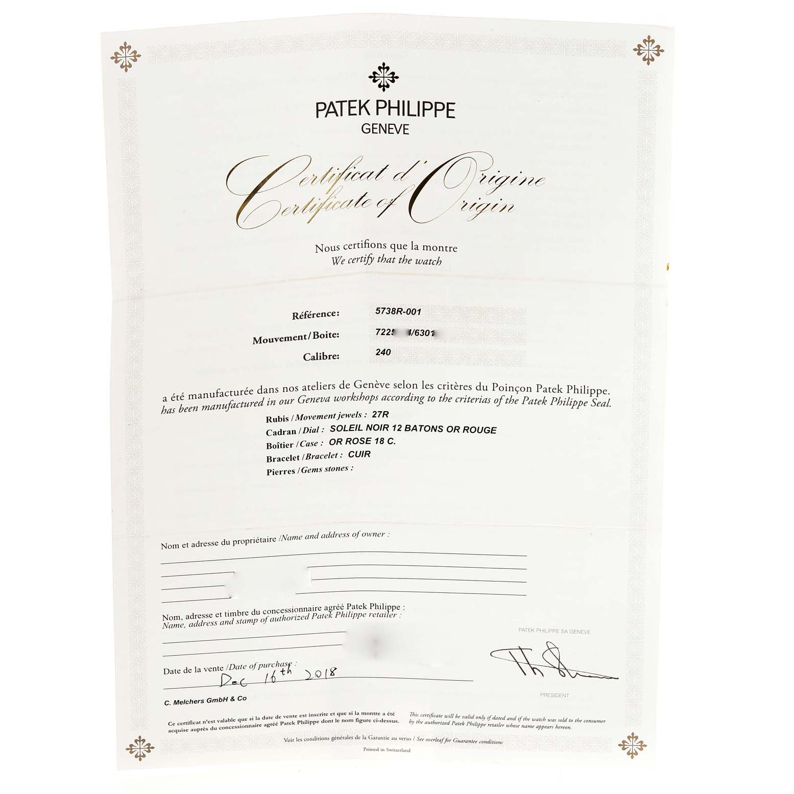 This image shows the Certificate of Origin for the Golden Ellipse model by Patek Philippe.