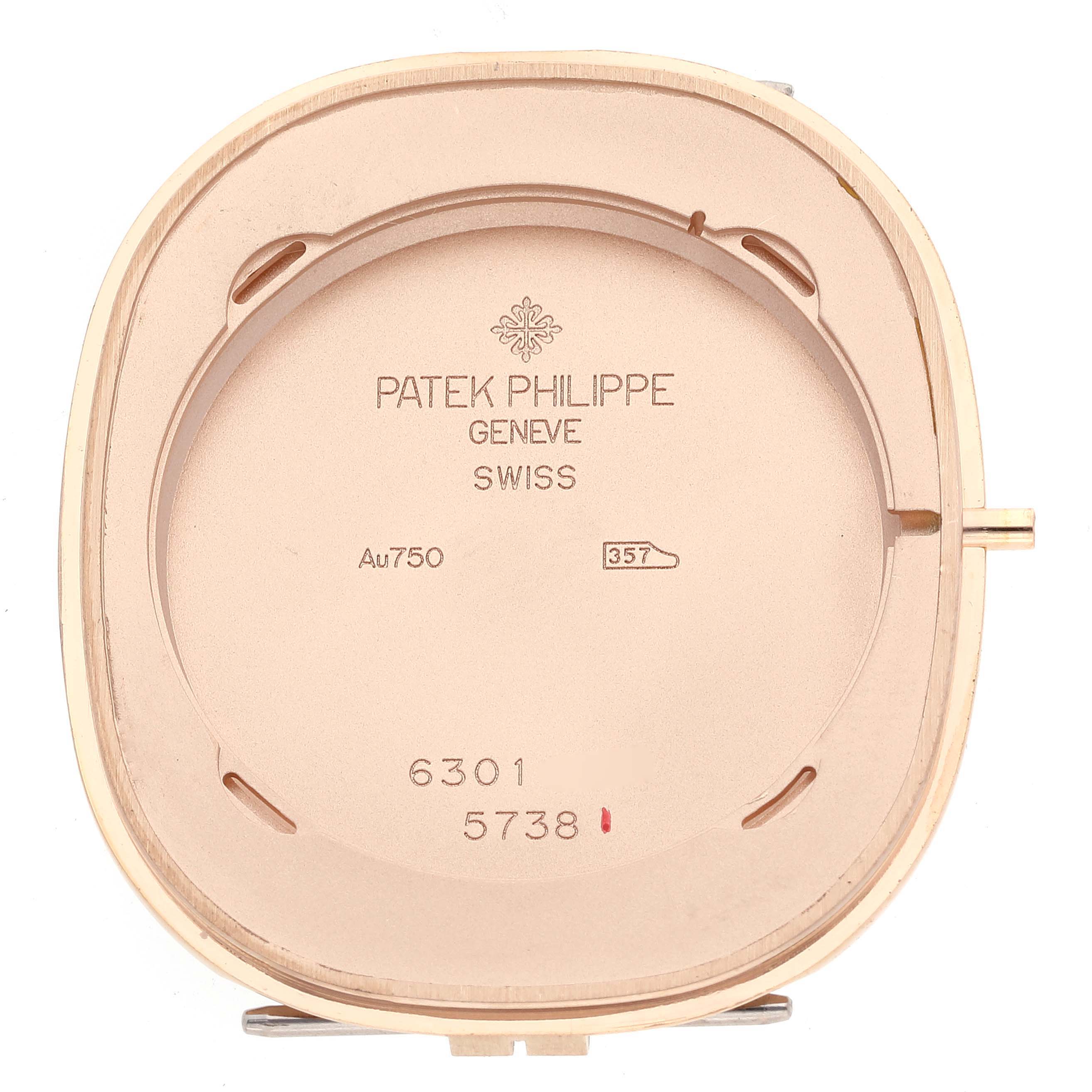 The image shows the back of the Golden Ellipse watch case by Patek Philippe, highlighting the engraved details.