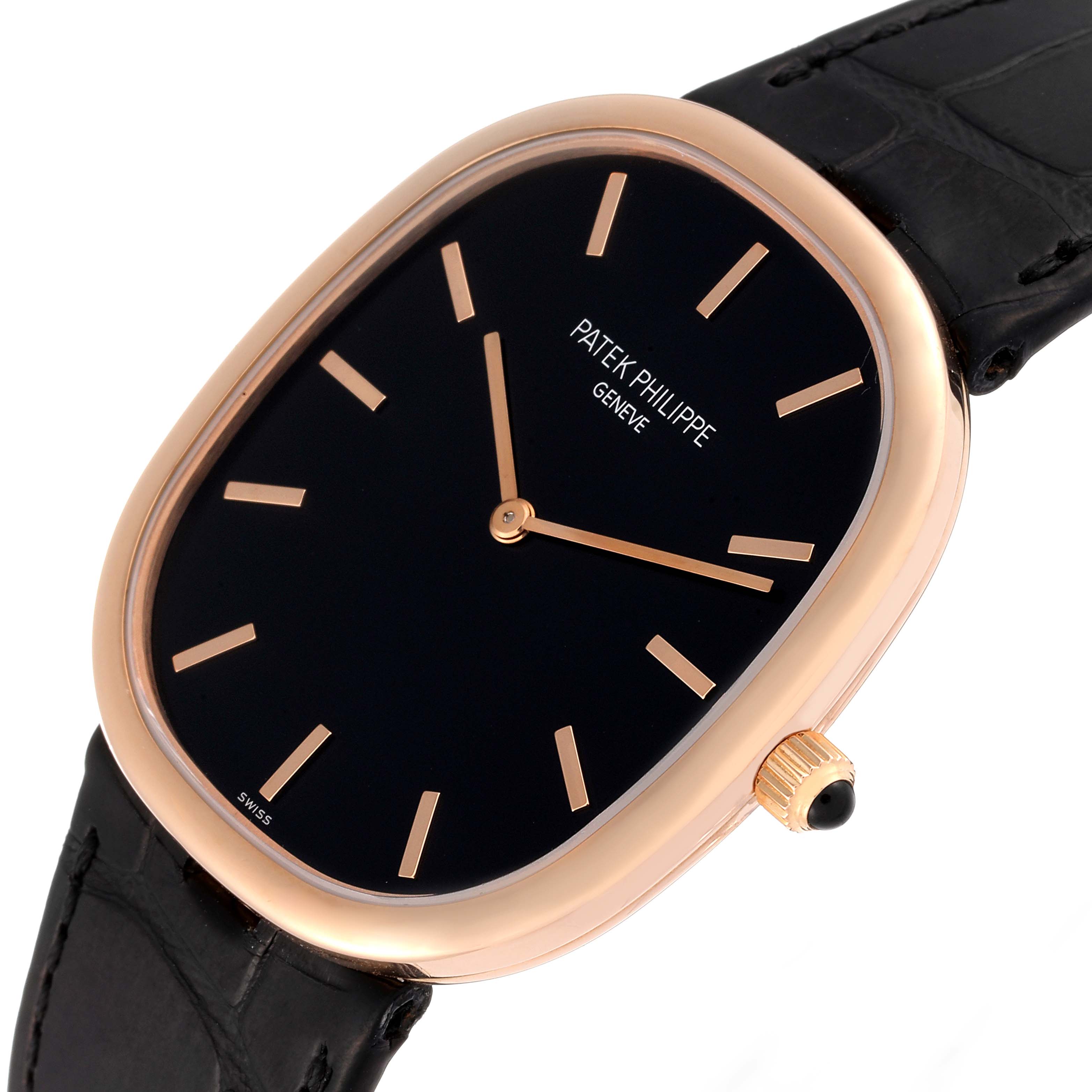 The image shows a Patek Philippe Golden Ellipse 5738R-001 Men's Rose Gold Black Dial 5738R-001 Men's Rose Gold Black Dial watch from a front angle highlighting the dial, case, and part of the strap.