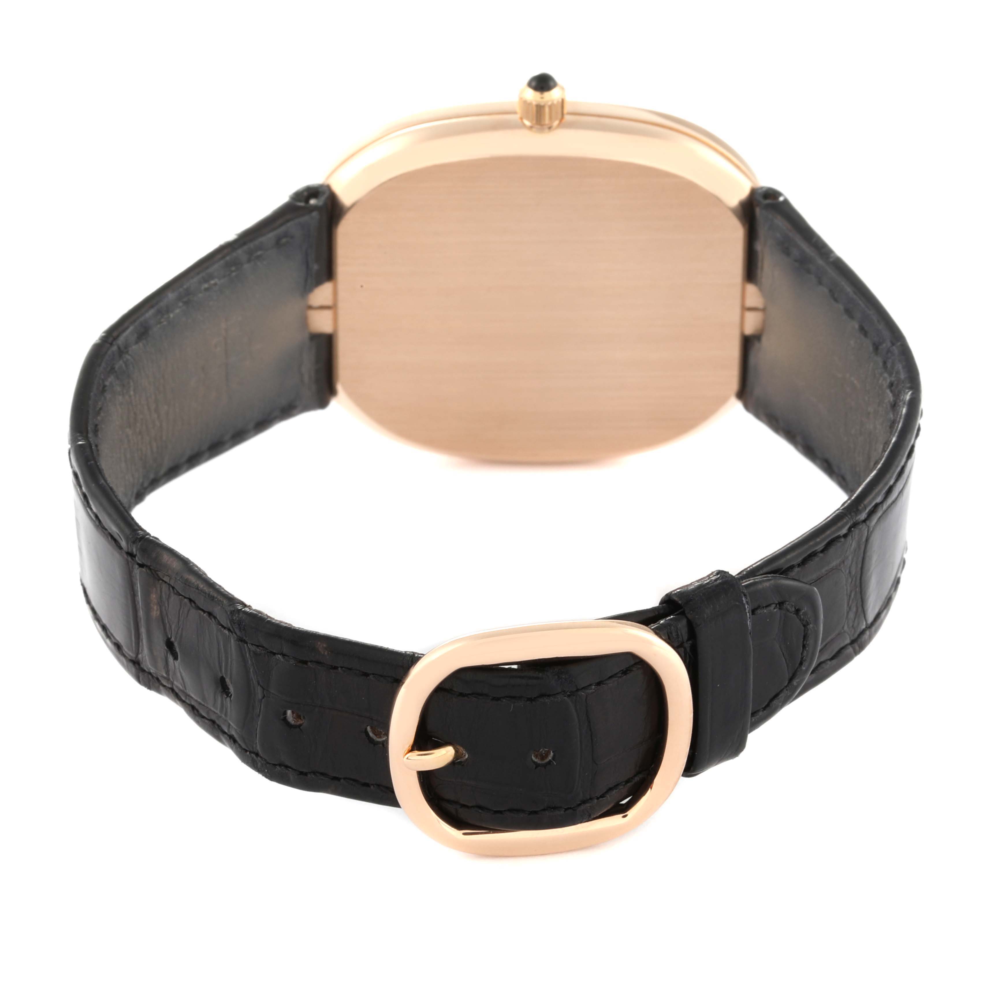 The image shows the back and strap of a Patek Philippe Golden Ellipse 5738R-001 Men's Rose Gold Black Dial 5738R-001 Men's Rose Gold Black Dial watch, focusing on the clasp and case back.