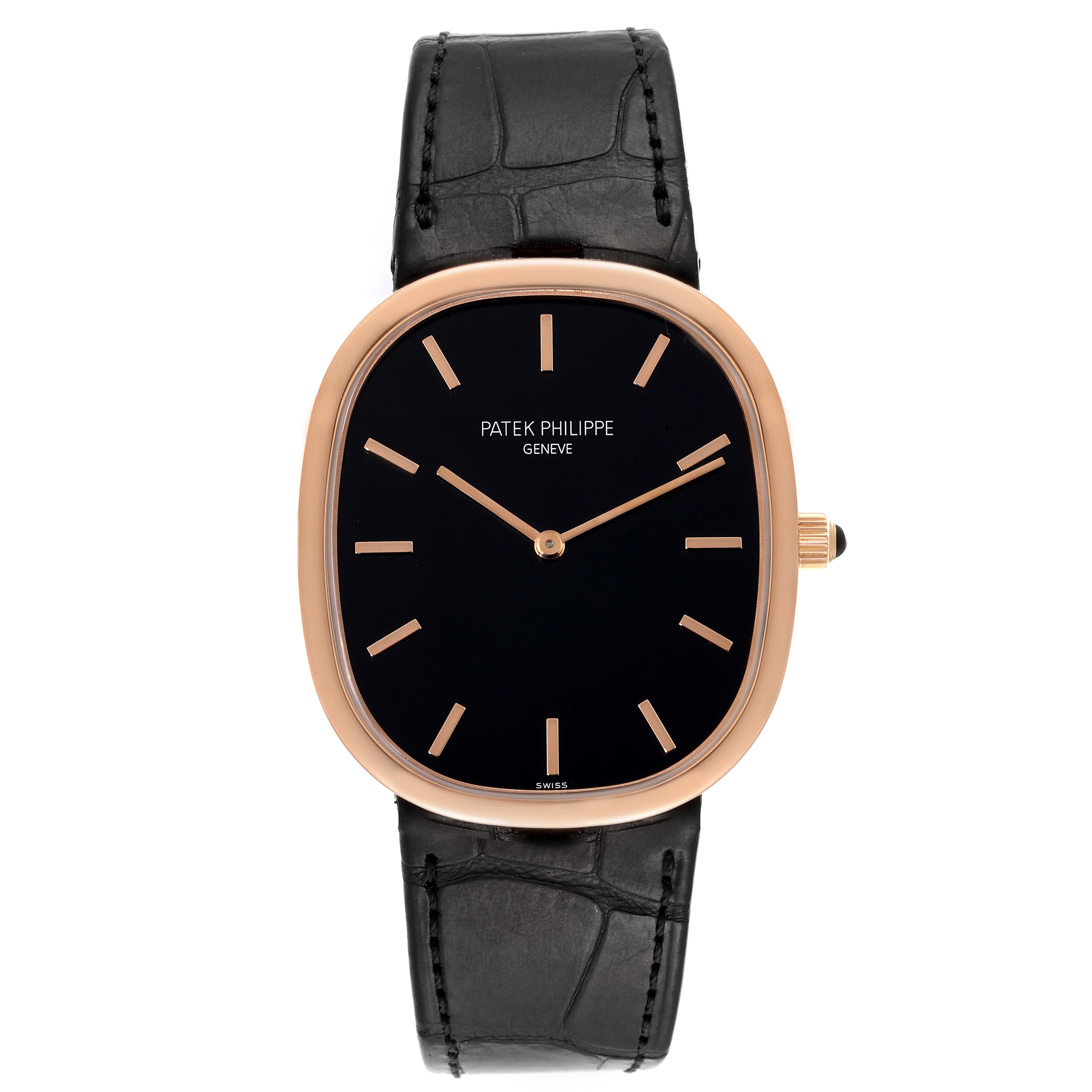 This is a front view of the Patek Philippe Golden Ellipse 5738R-001 Men's Rose Gold Black Dial 5738R-001 Men's Rose Gold Black Dial watch, displaying its dial, case, and leather strap.