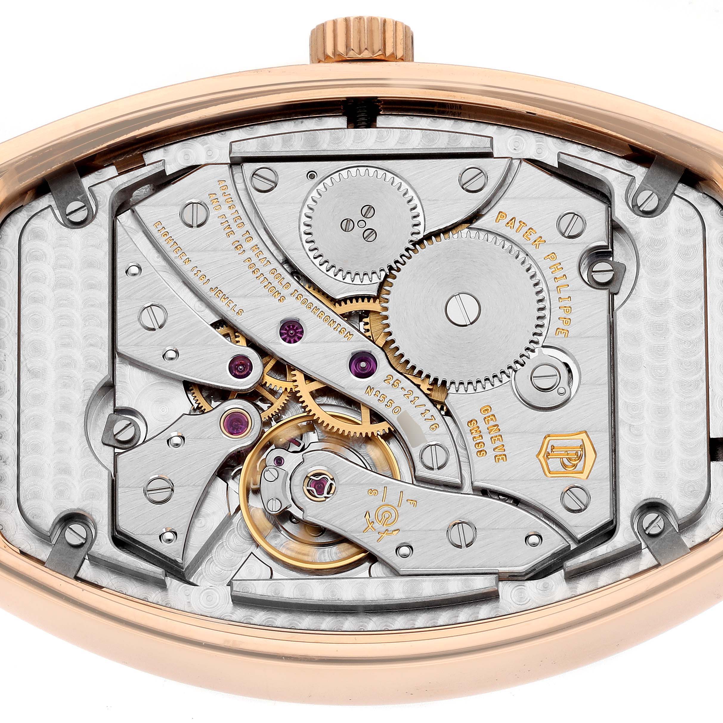 The image shows the back view of a Patek Philippe Gondolo 5098R-001 Men's Rose Gold Silver Dial 5098R-001 Men's Rose Gold Silver Dial watch, highlighting its intricate mechanical movement.