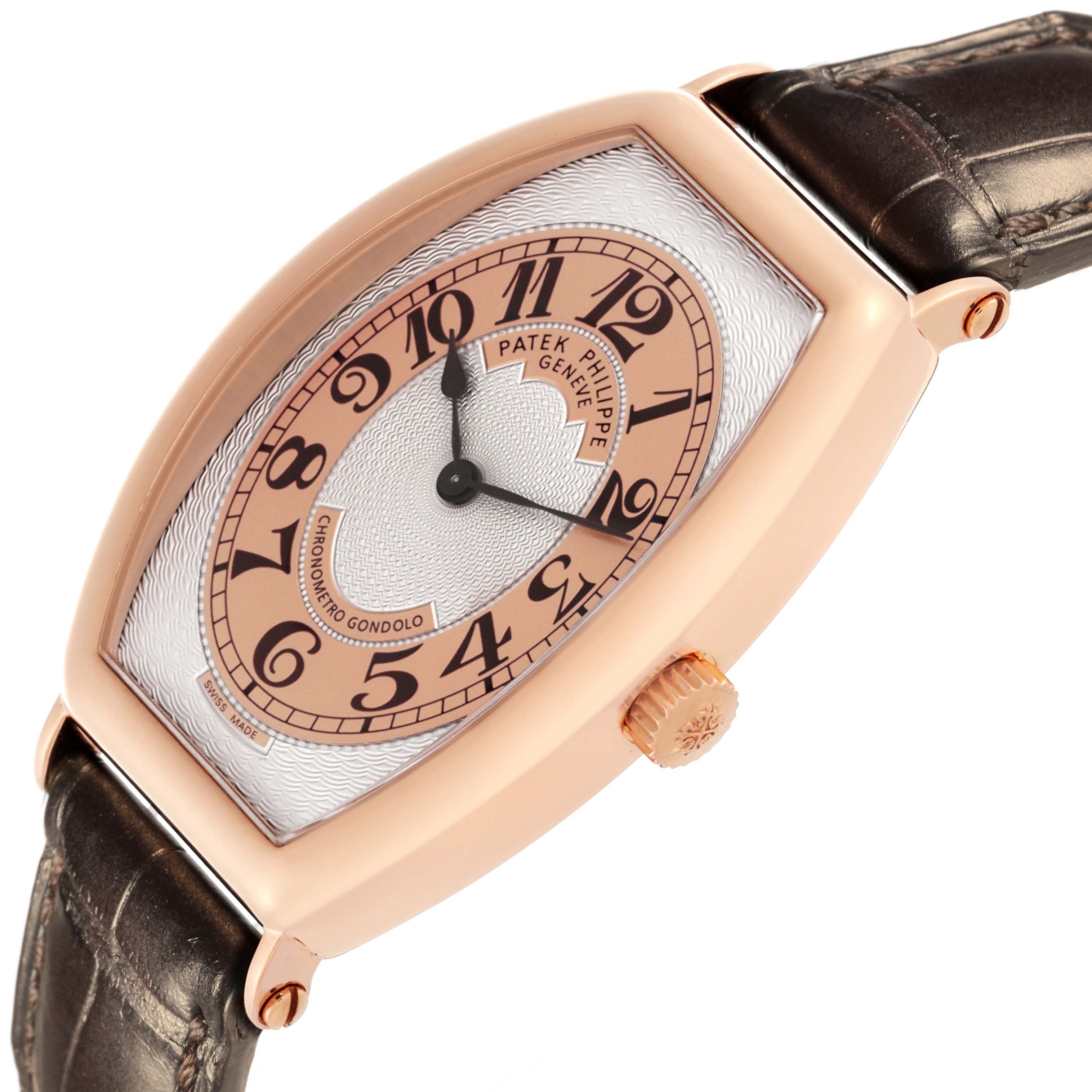 The Patek Philippe Gondolo 5098R-001 Men's Rose Gold Silver Dial 5098R-001 Men's Rose Gold Silver Dial watch is shown at an angled side view, highlighting the dial, case, crown, and leather strap.