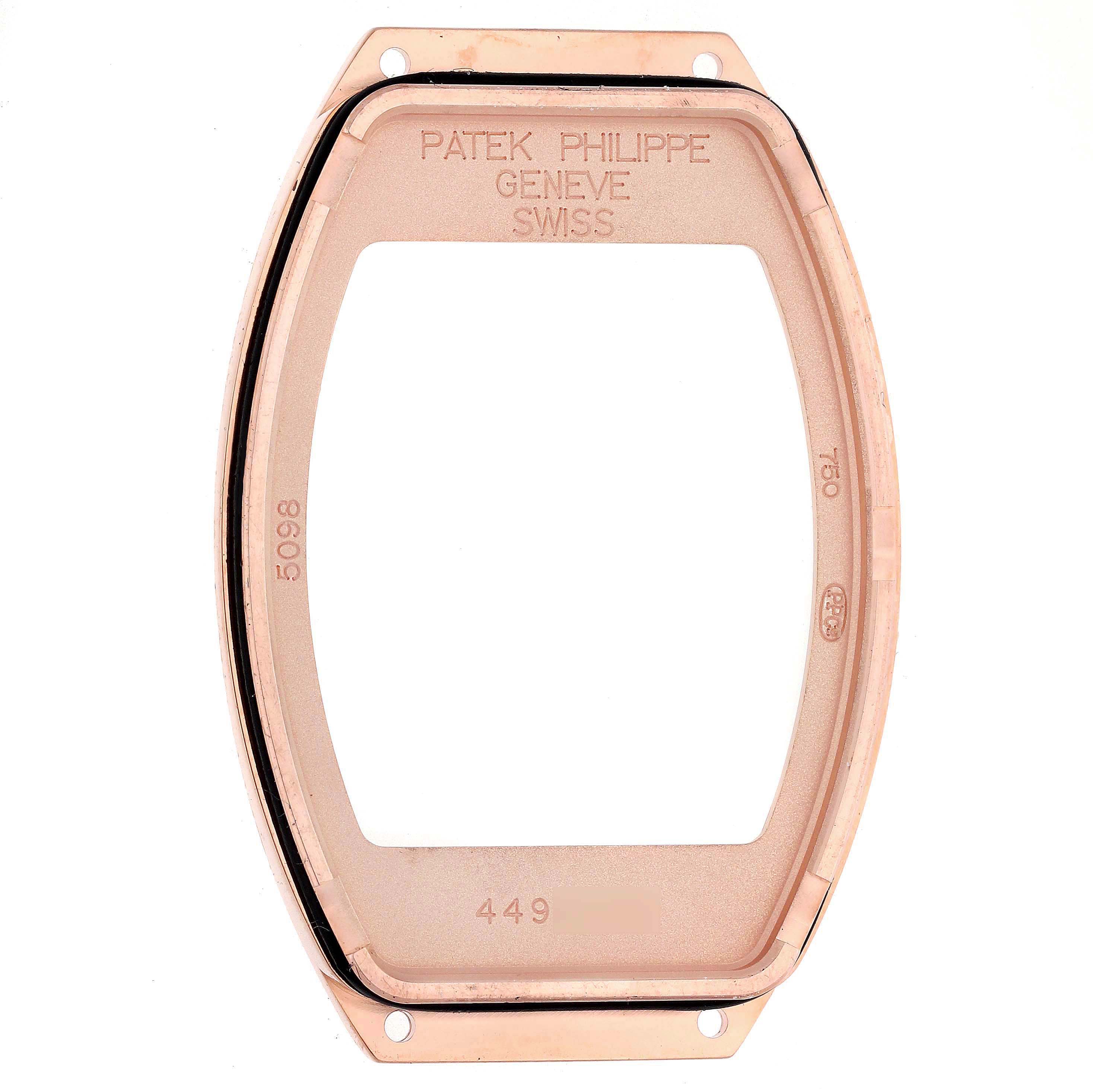 This image shows the back case of a Patek Philippe Gondolo 5098R-001 Men's Rose Gold Silver Dial 5098R-001 Men's Rose Gold Silver Dial watch.