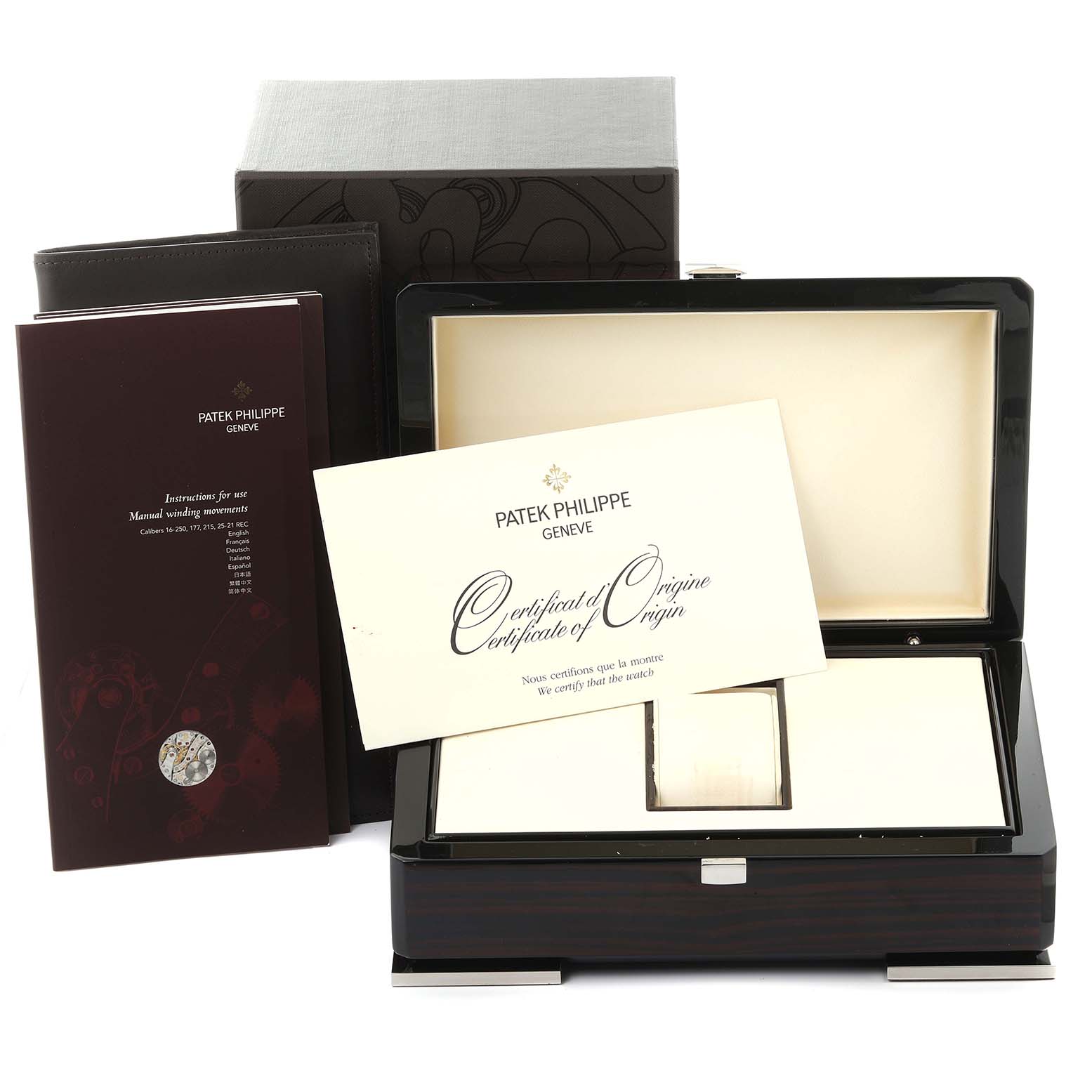 The image shows the Patek Philippe Gondolo 5098R-001 Men's Rose Gold Silver Dial 5098R-001 Men's Rose Gold Silver Dial watch box, certificate, and manuals viewed from the front.