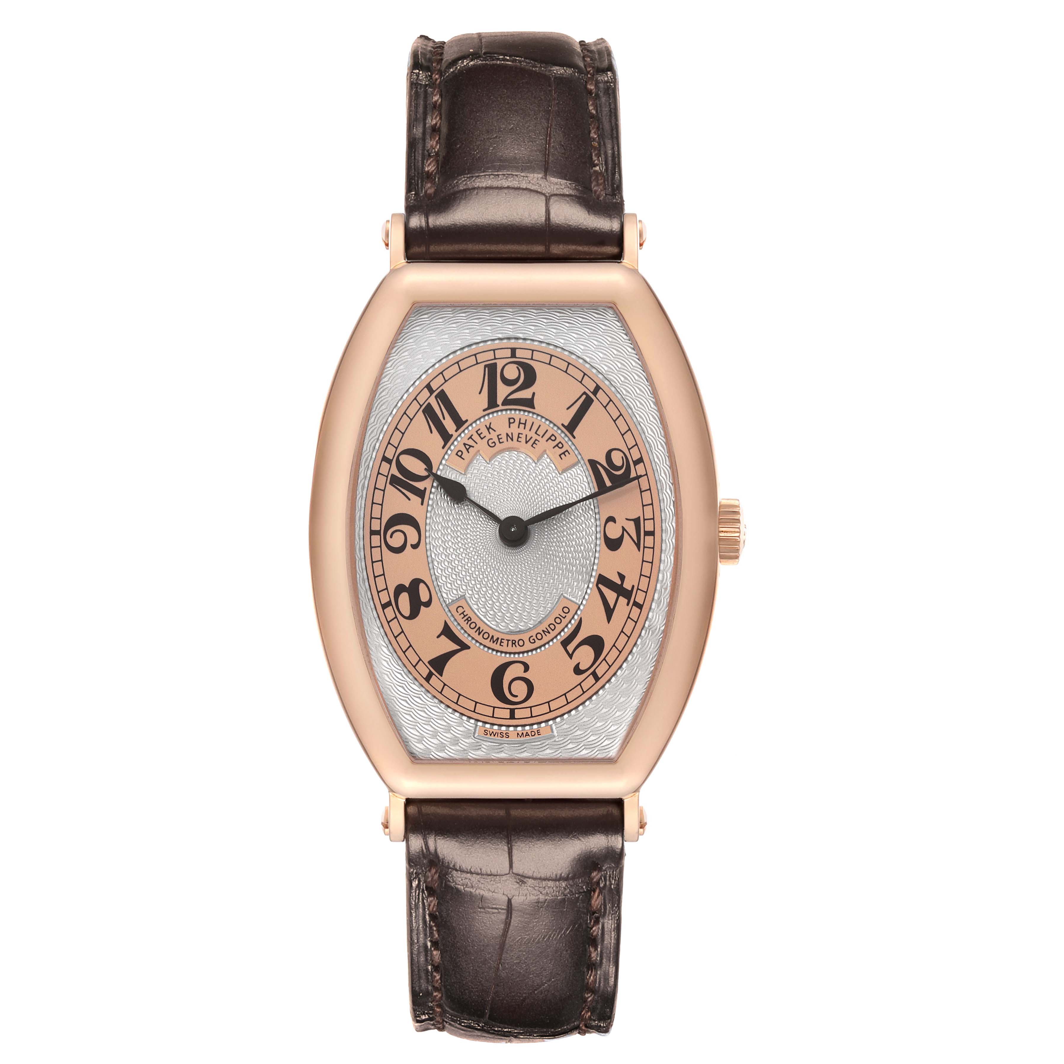 The Patek Philippe Gondolo 5098R-001 Men's Rose Gold Silver Dial 5098R-001 Men's Rose Gold Silver Dial watch is shown from a front angle, displaying the full dial, case, and strap.
