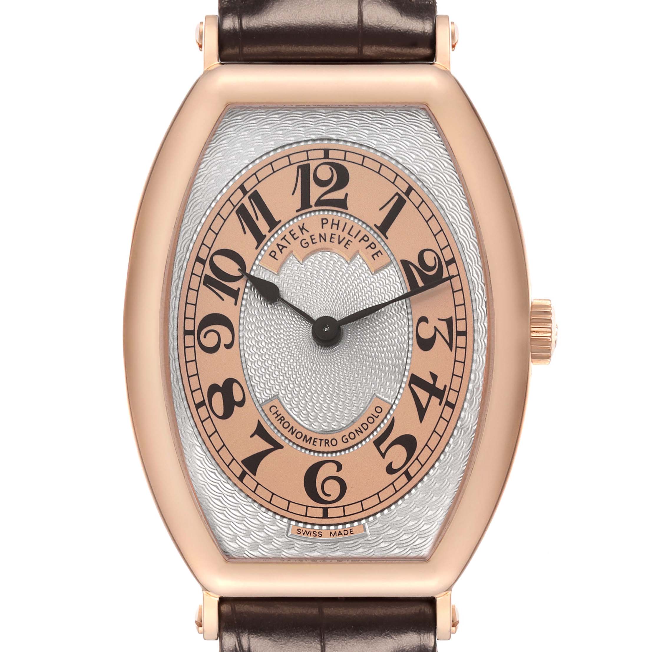 The Patek Philippe Gondolo 5098R-001 Men's Rose Gold Silver Dial 5098R-001 Men's Rose Gold Silver Dial watch is shown from a straight-on angle, highlighting its dial, case, and strap.