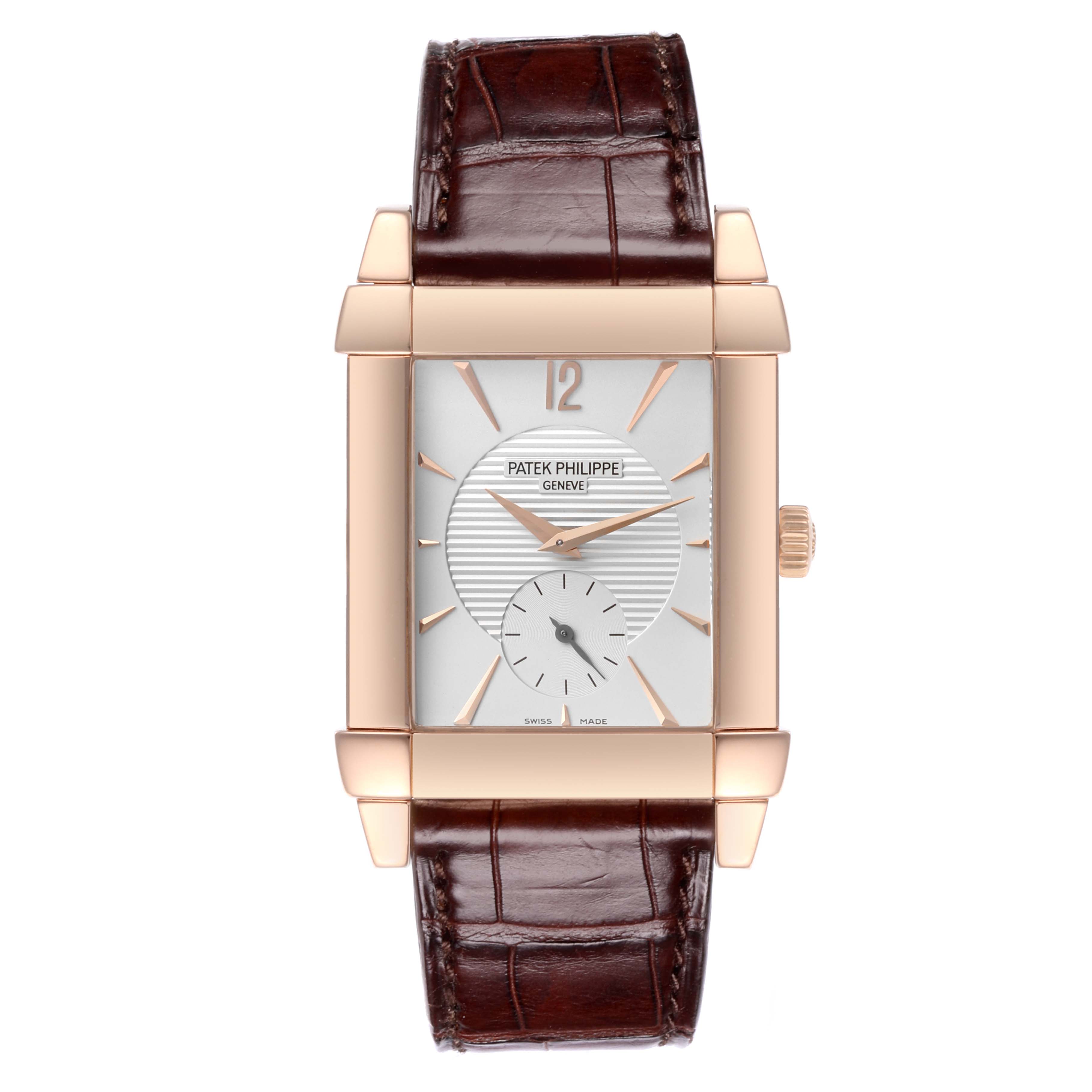 The Patek Philippe Gondolo 5111R-001 Men's Rose Gold Silver Dial 5111R-001 Men's Rose Gold Silver Dial watch is shown from the front, displaying its dial, case, crown, and leather strap.