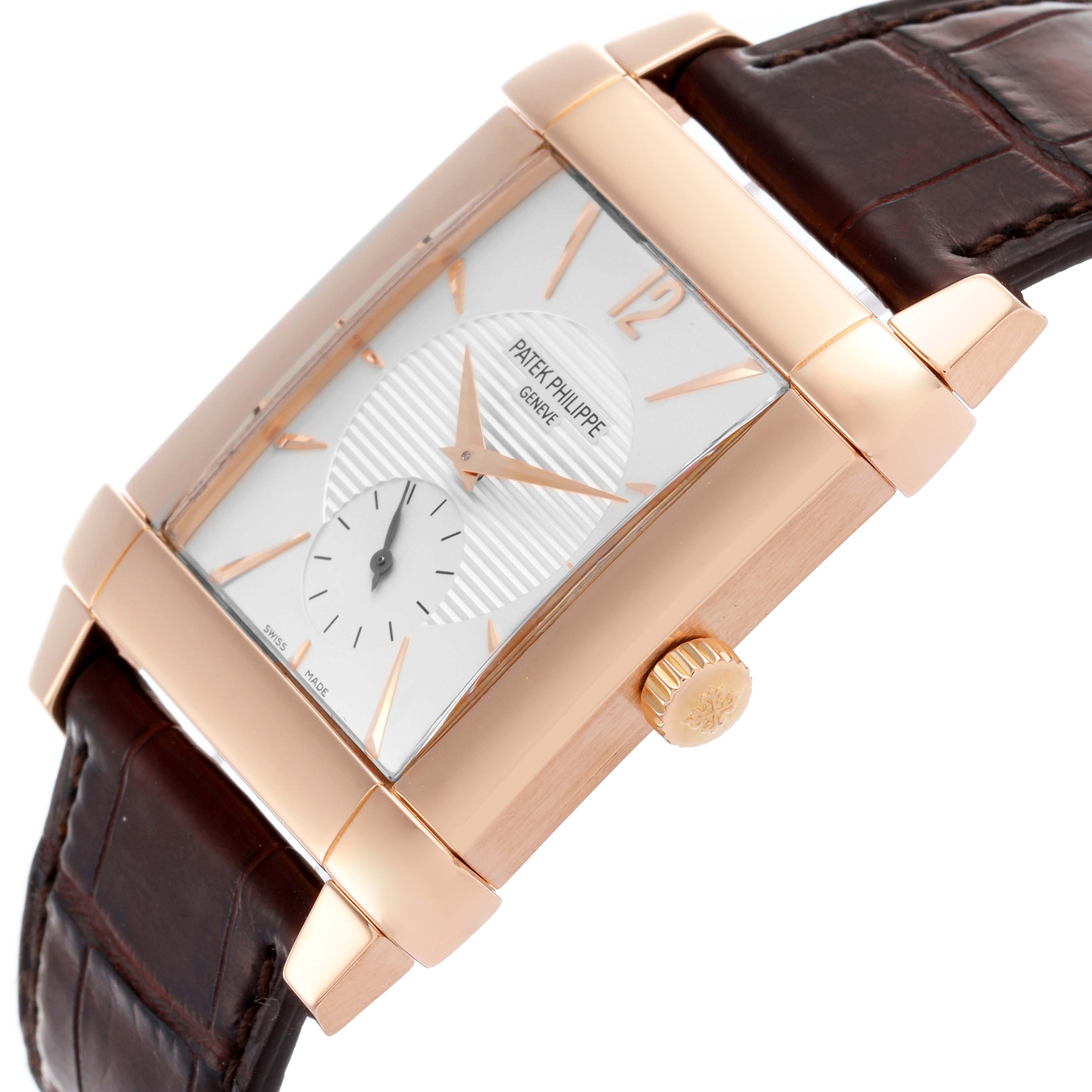 The Patek Philippe Gondolo 5111R-001 Men's Rose Gold Silver Dial 5111R-001 Men's Rose Gold Silver Dial watch is shown from a slight side angle displaying the face, crown, and part of the leather strap.