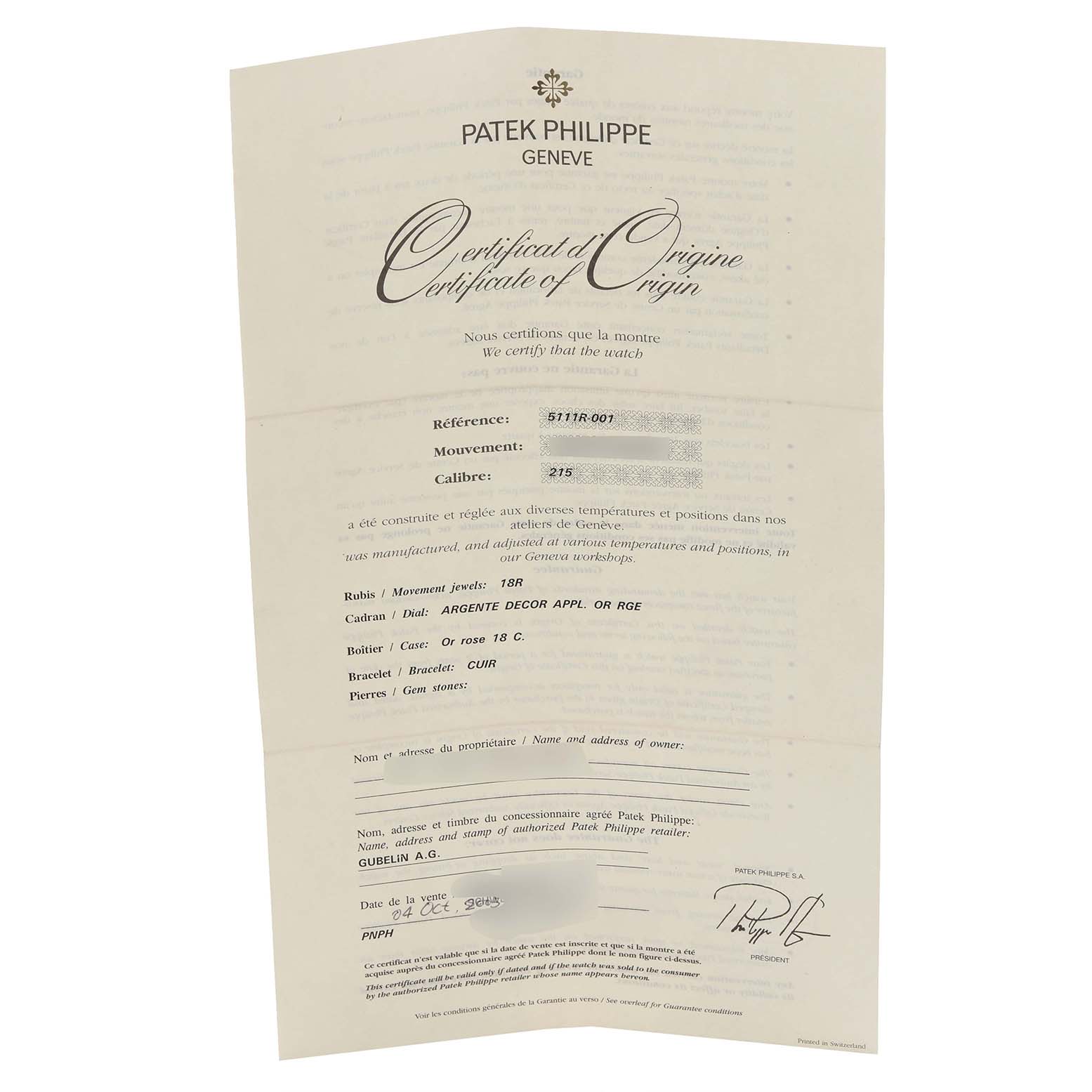 The image shows a Patek Philippe Gondolo 5111R-001 Men's Rose Gold Silver Dial 5111R-001 Men's Rose Gold Silver Dial Certificate of Origin document at a slight angle.