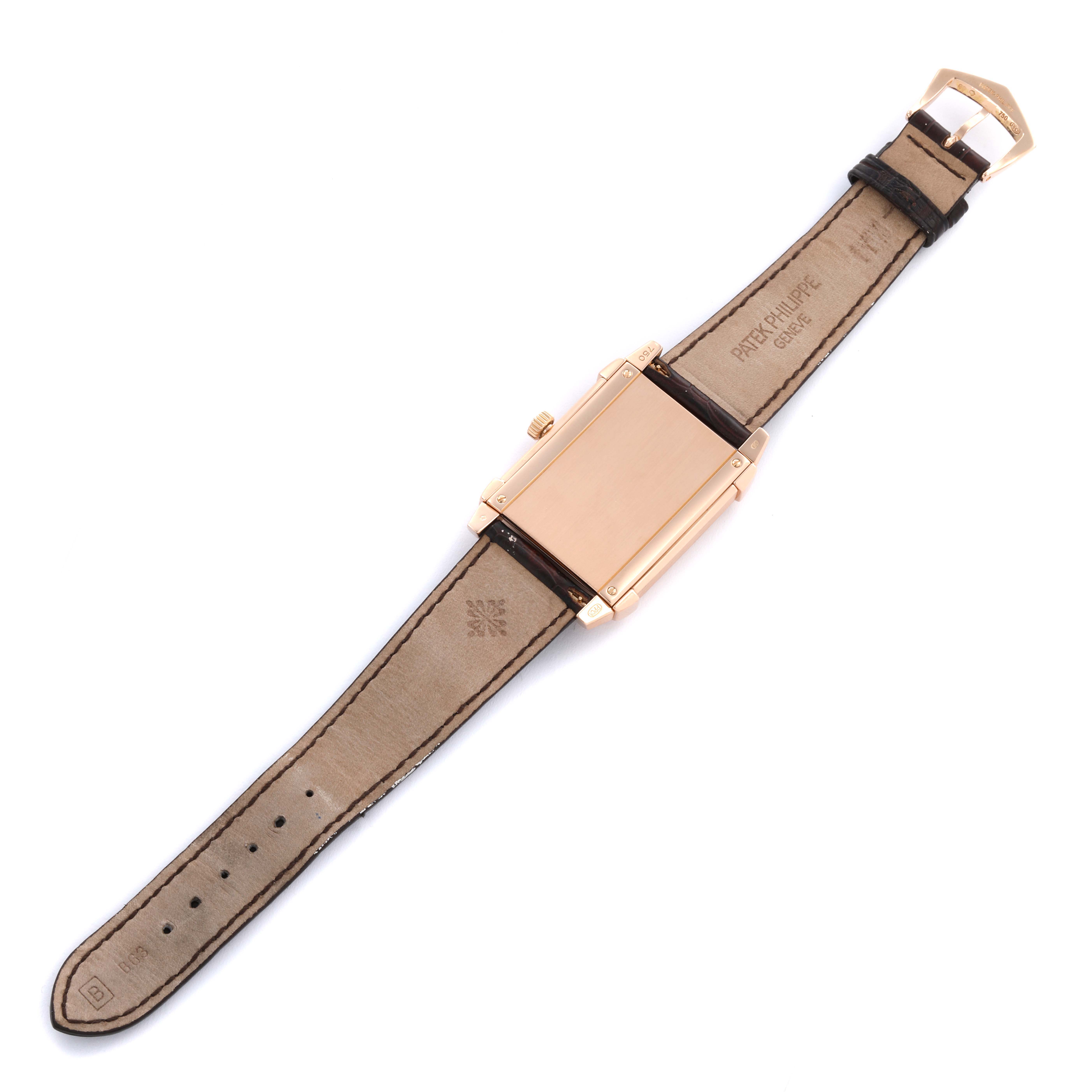 The image shows the backside of the Patek Philippe Gondolo 5111R-001 Men's Rose Gold Silver Dial 5111R-001 Men's Rose Gold Silver Dial watch, highlighting the strap and clasp.