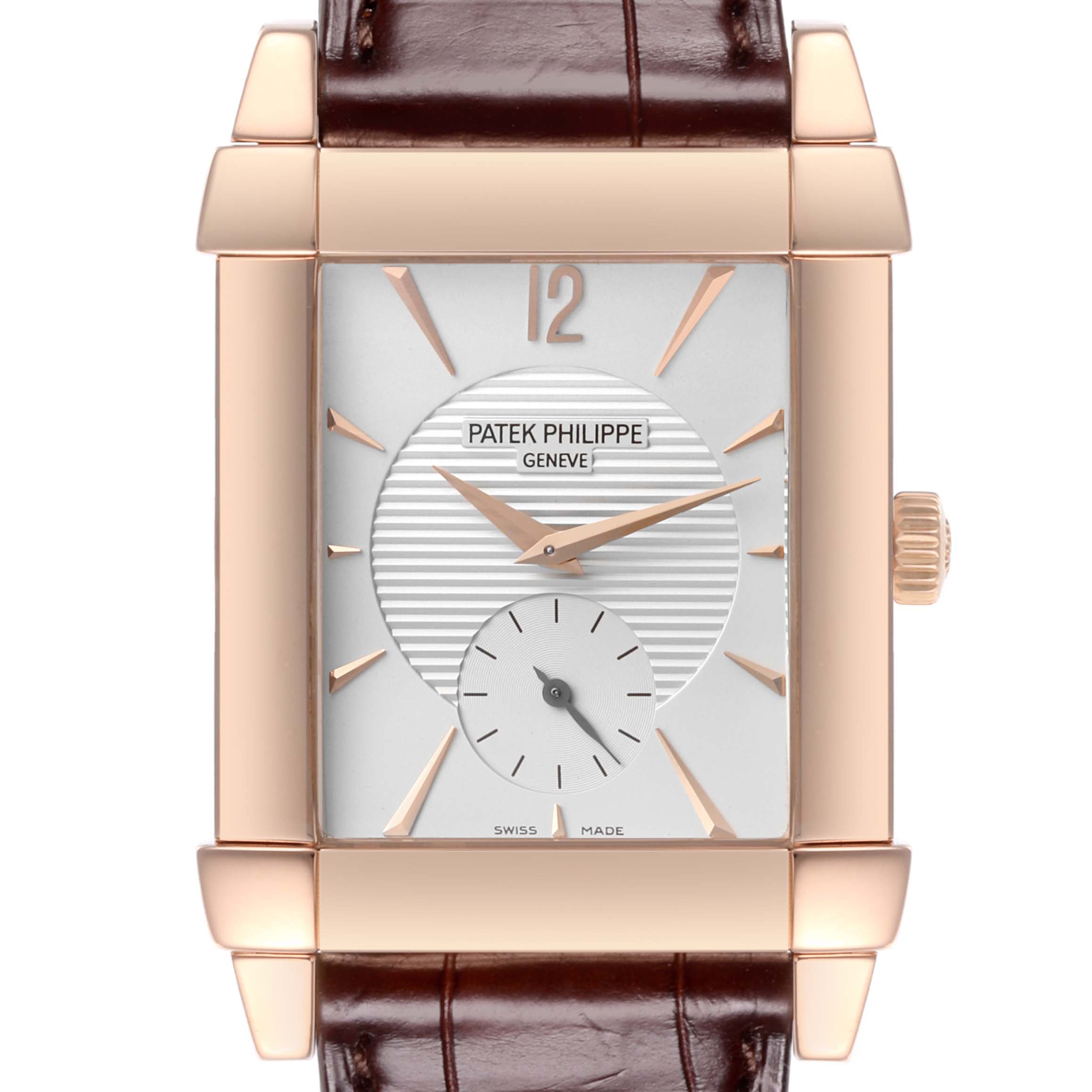 The Patek Philippe Gondolo 5111R-001 Men's Rose Gold Silver Dial 5111R-001 Men's Rose Gold Silver Dial watch is shown from the front, highlighting the dial, hands, and brown leather strap.